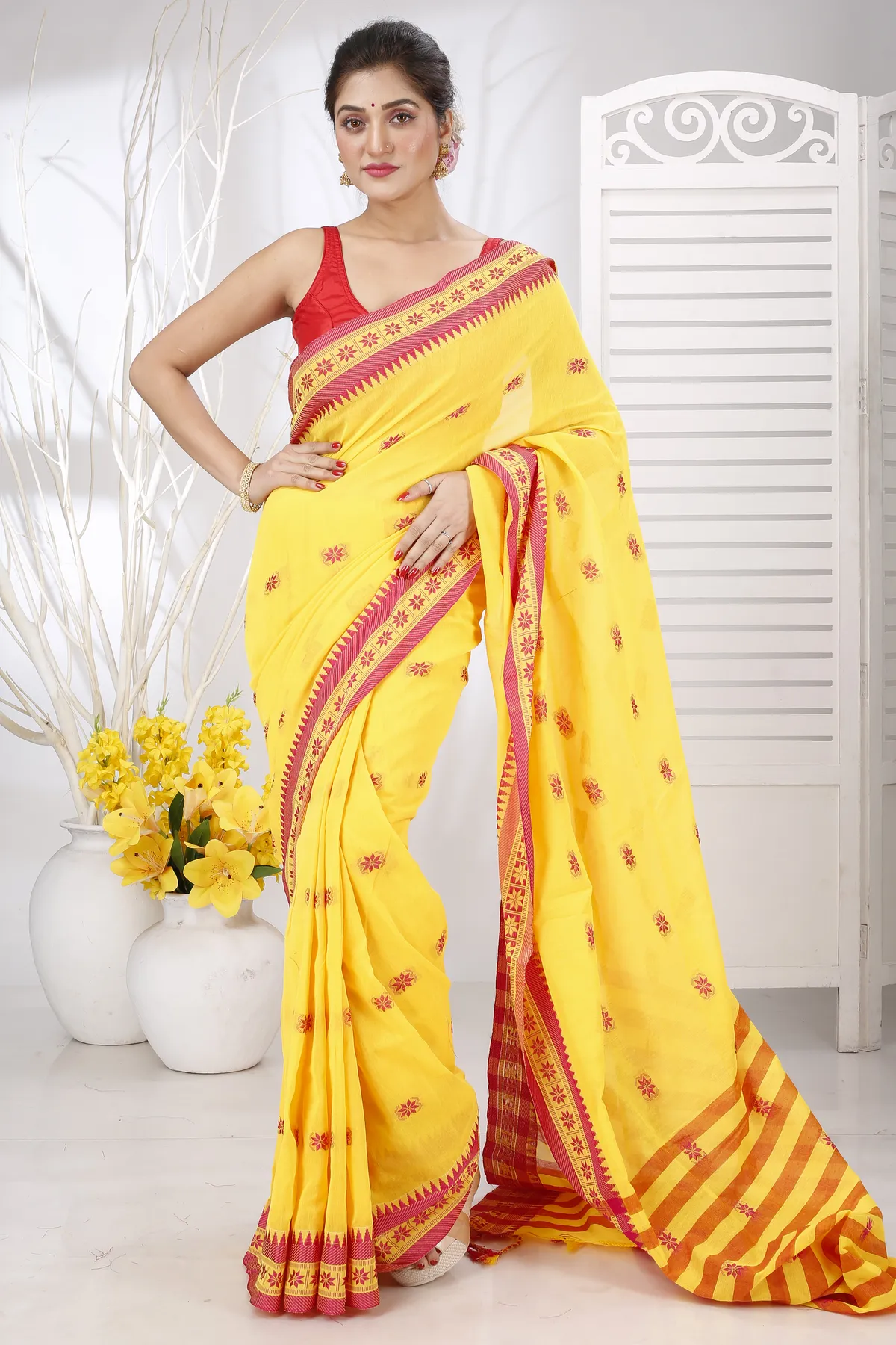 DipDiya Pure Cotton Yellow Red Guti Hand Effortless Tradition Handloom Sarees