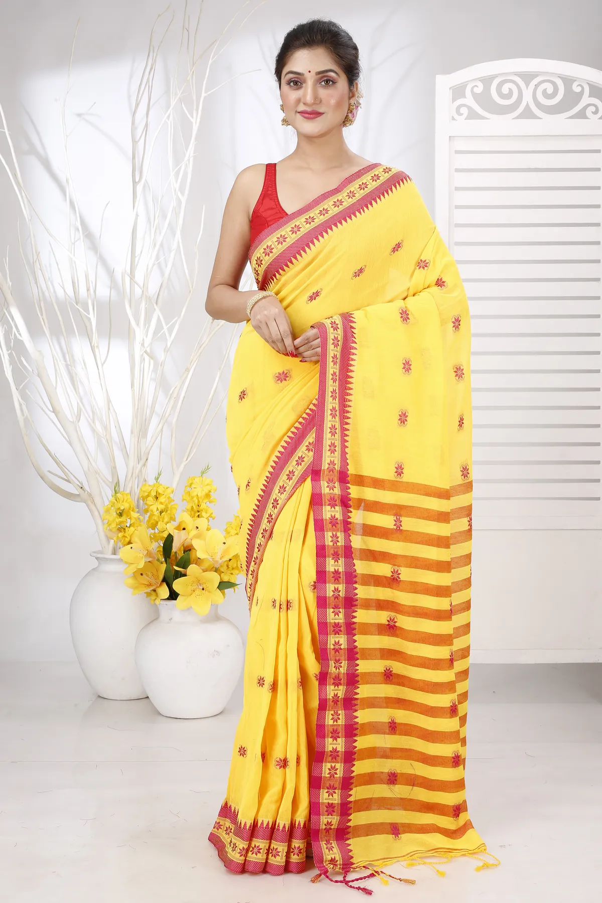 DipDiya Pure Cotton Yellow Red Guti Hand Effortless Tradition Handloom Sarees