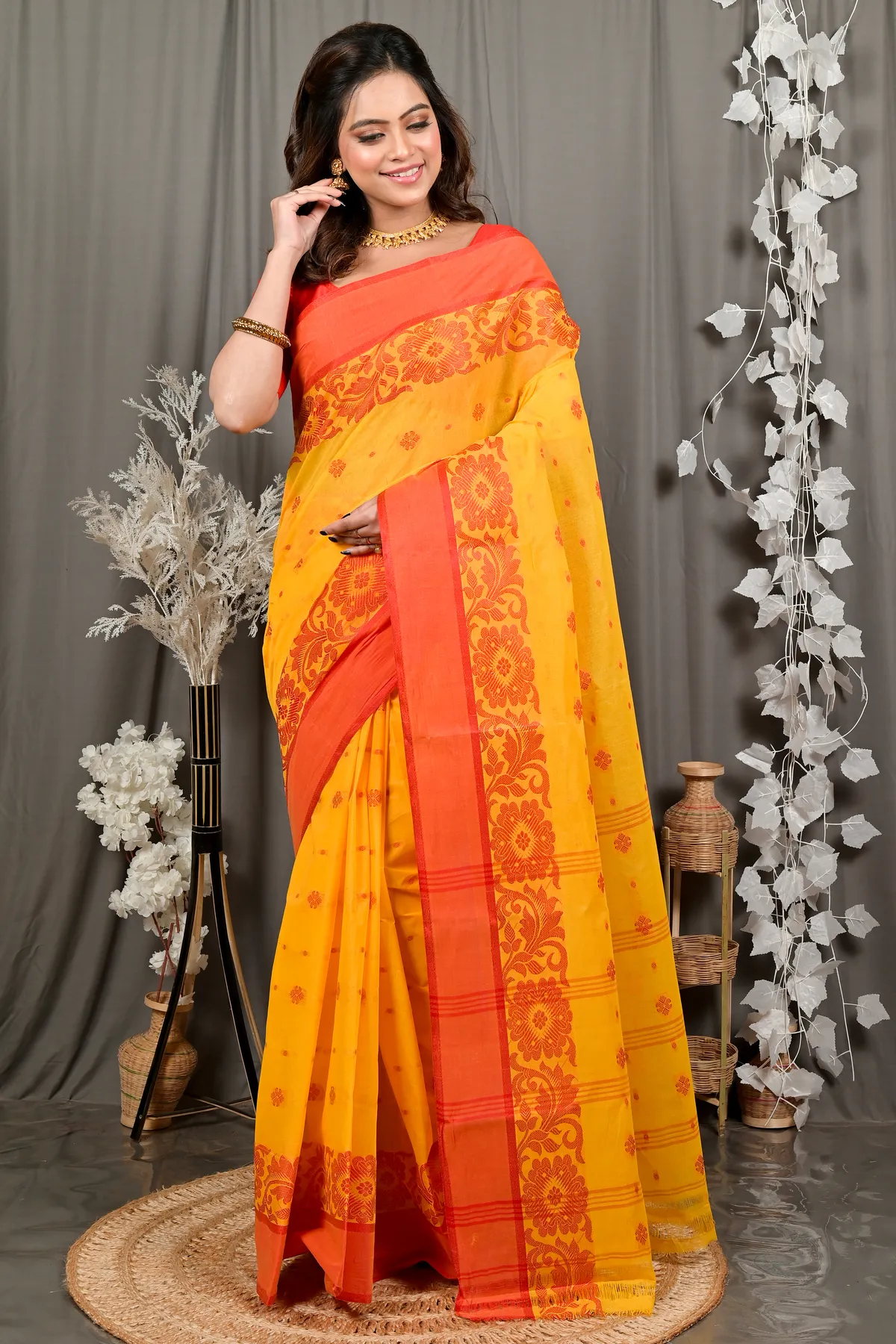 DipDiya Pure Cotton Yellow Red Heruka Heritage You Can Wear Tant Sarees