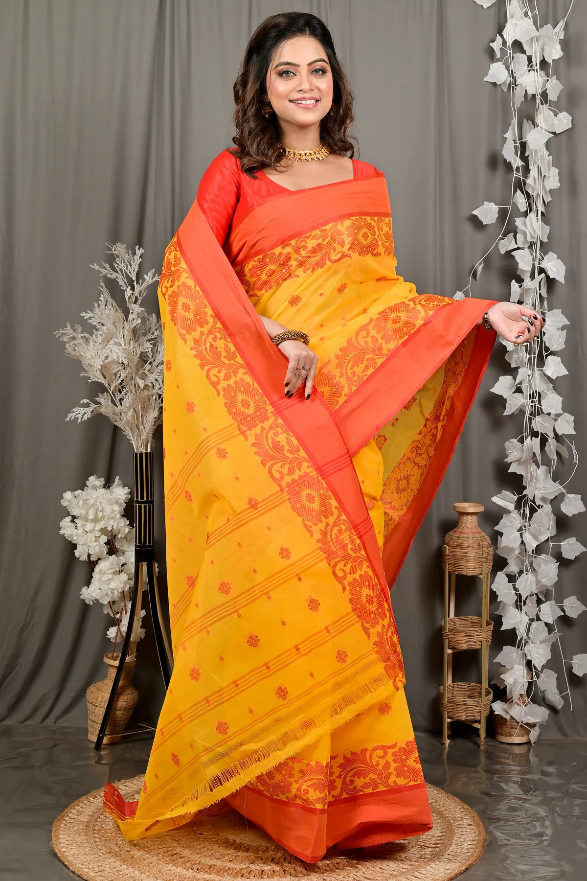 DipDiya Pure Cotton Yellow Red Heruka Heritage You Can Wear Tant Sarees