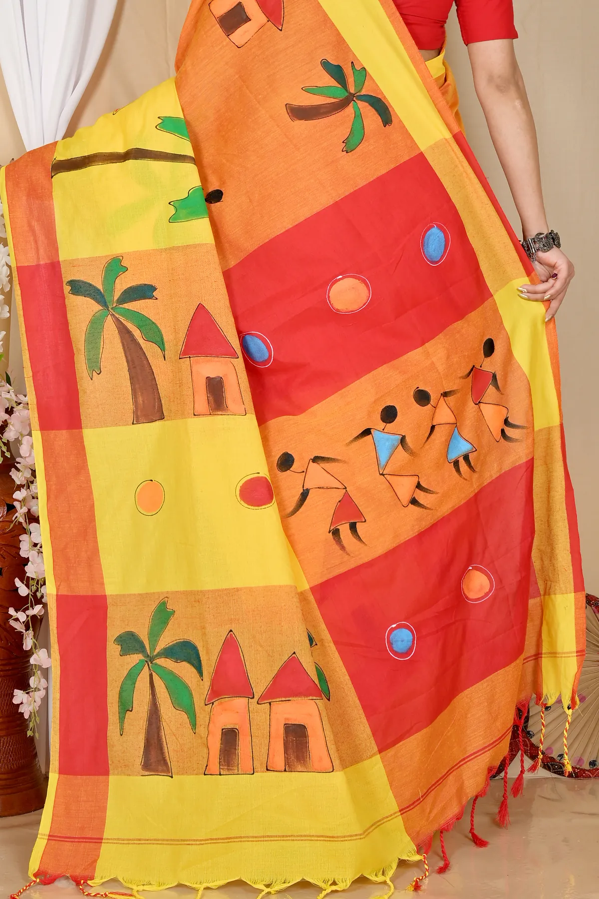 DipDiya Pure Cotton Yellow Red Khadaka Kousiki Grace of Bengal Hand Painted Sarees