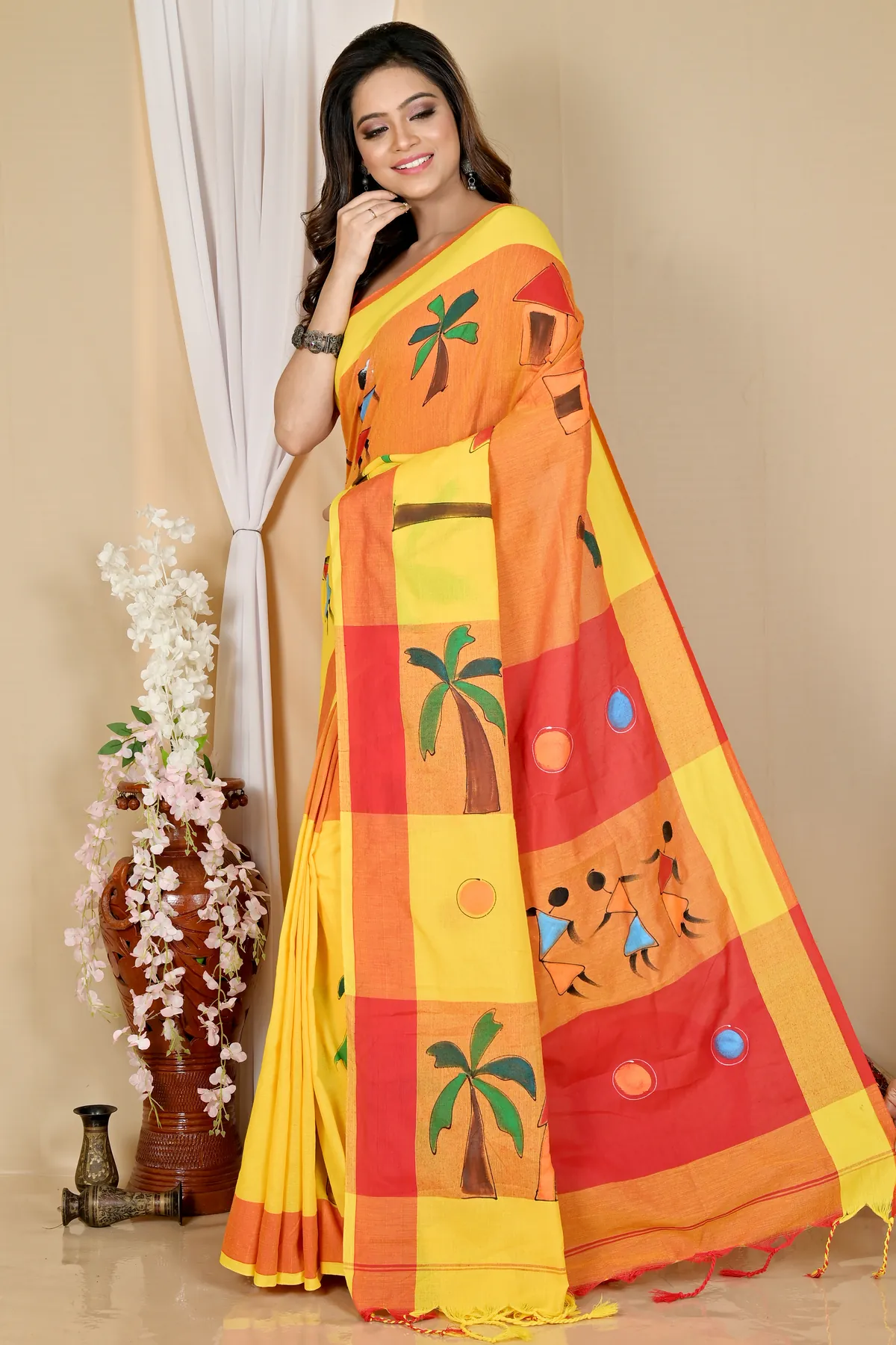 DipDiya Pure Cotton Yellow Red Khadaka Kousiki Grace of Bengal Hand Painted Sarees