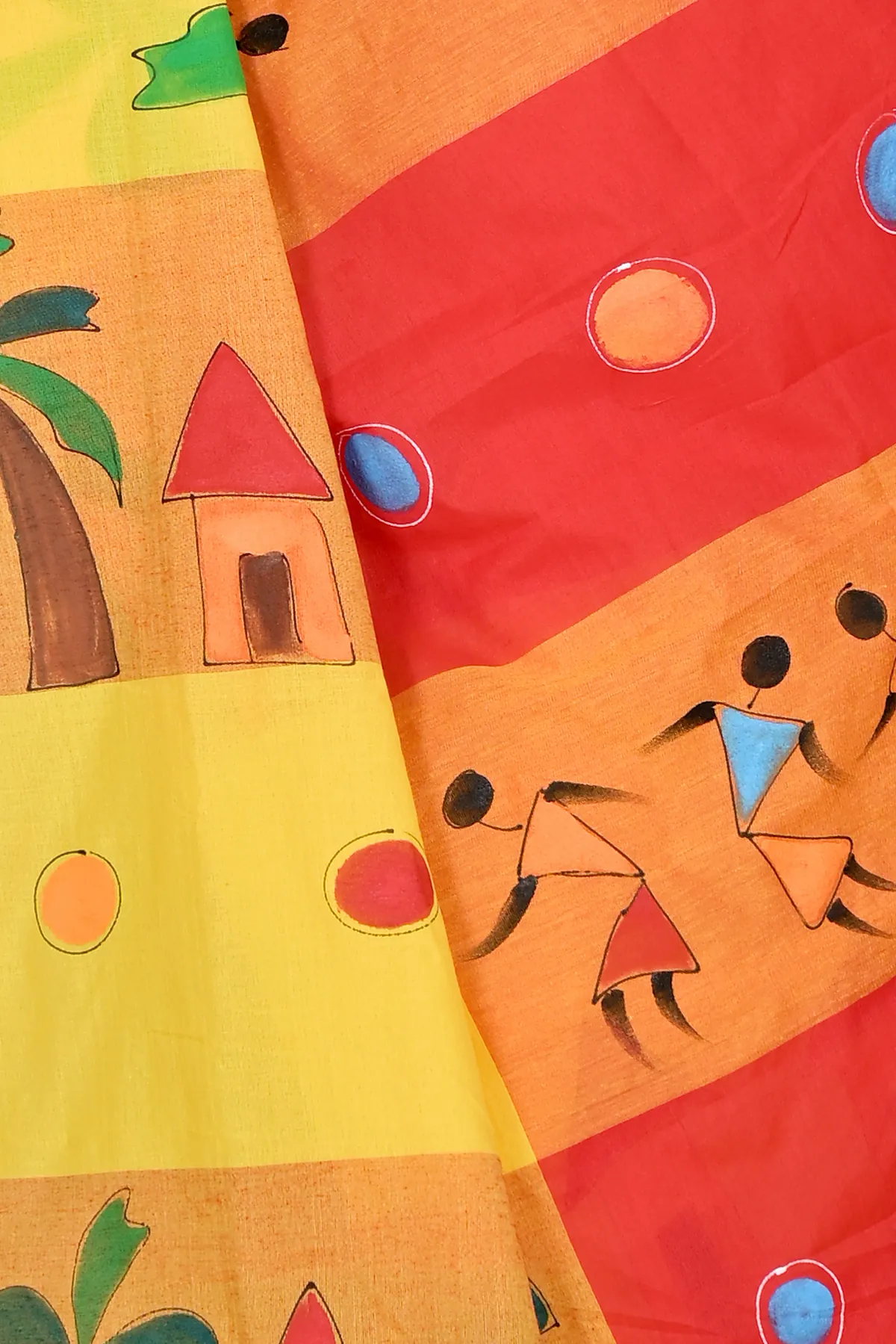 DipDiya Pure Cotton Yellow Red Khadaka Kousiki Grace of Bengal Hand Painted Sarees