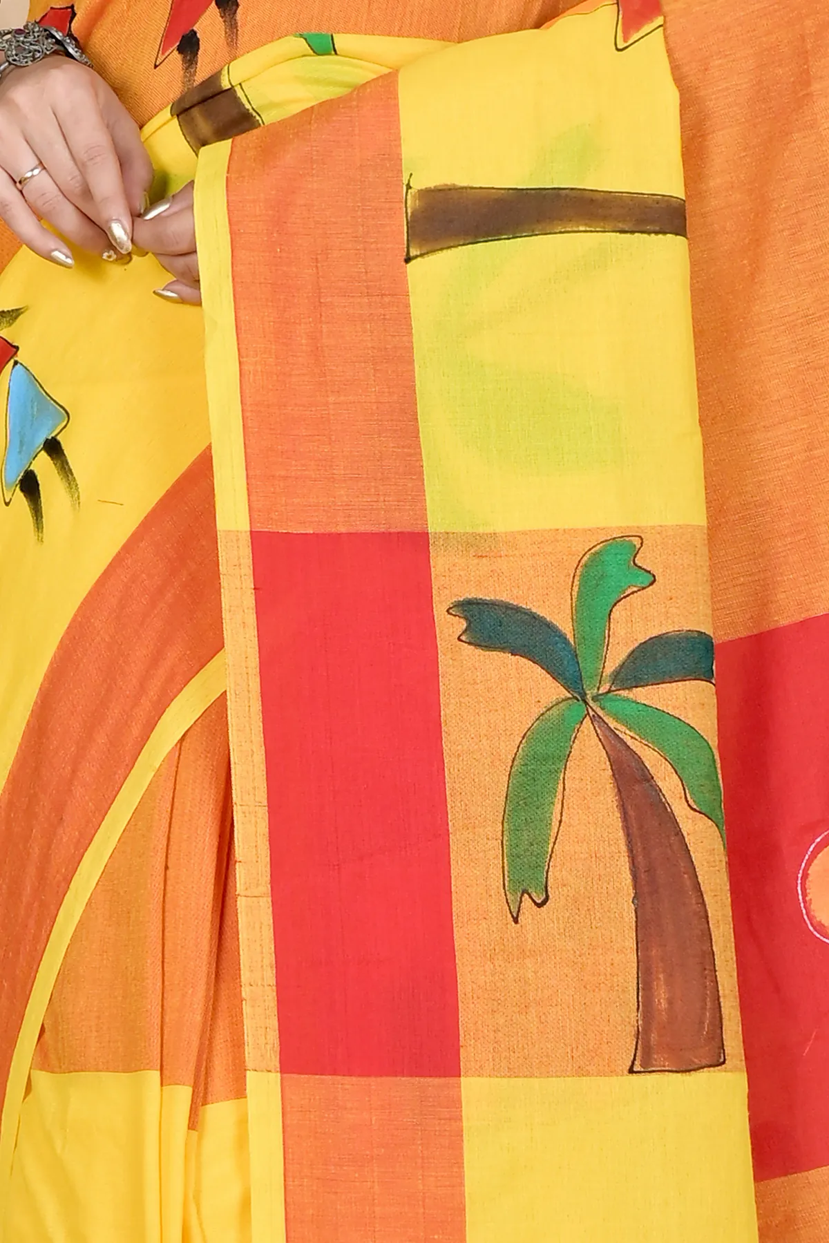 DipDiya Pure Cotton Yellow Red Khadaka Kousiki Grace of Bengal Hand Painted Sarees