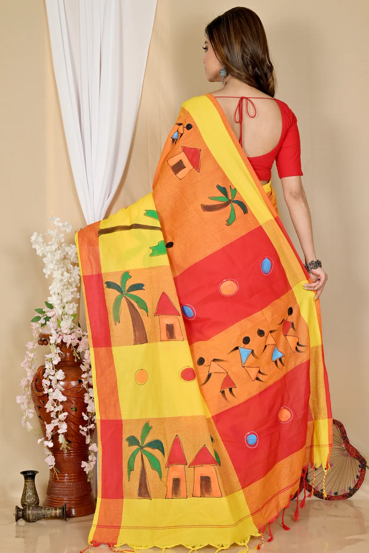DipDiya Pure Cotton Yellow Red Khadaka Kousiki Grace of Bengal Hand Painted Sarees