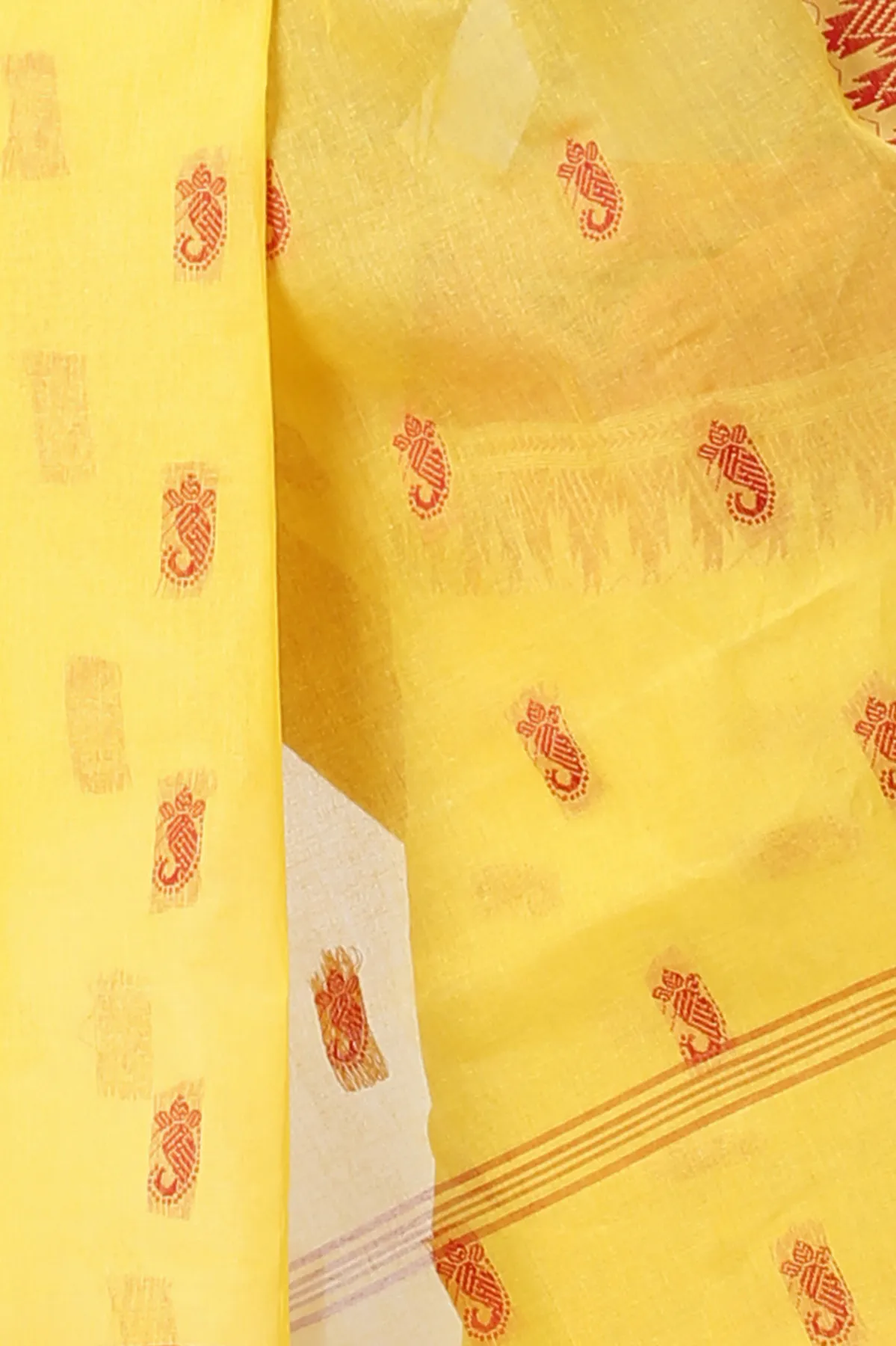 DipDiya Pure Cotton Yellow Red Lagan Handcrafted Elegance Tant Sarees