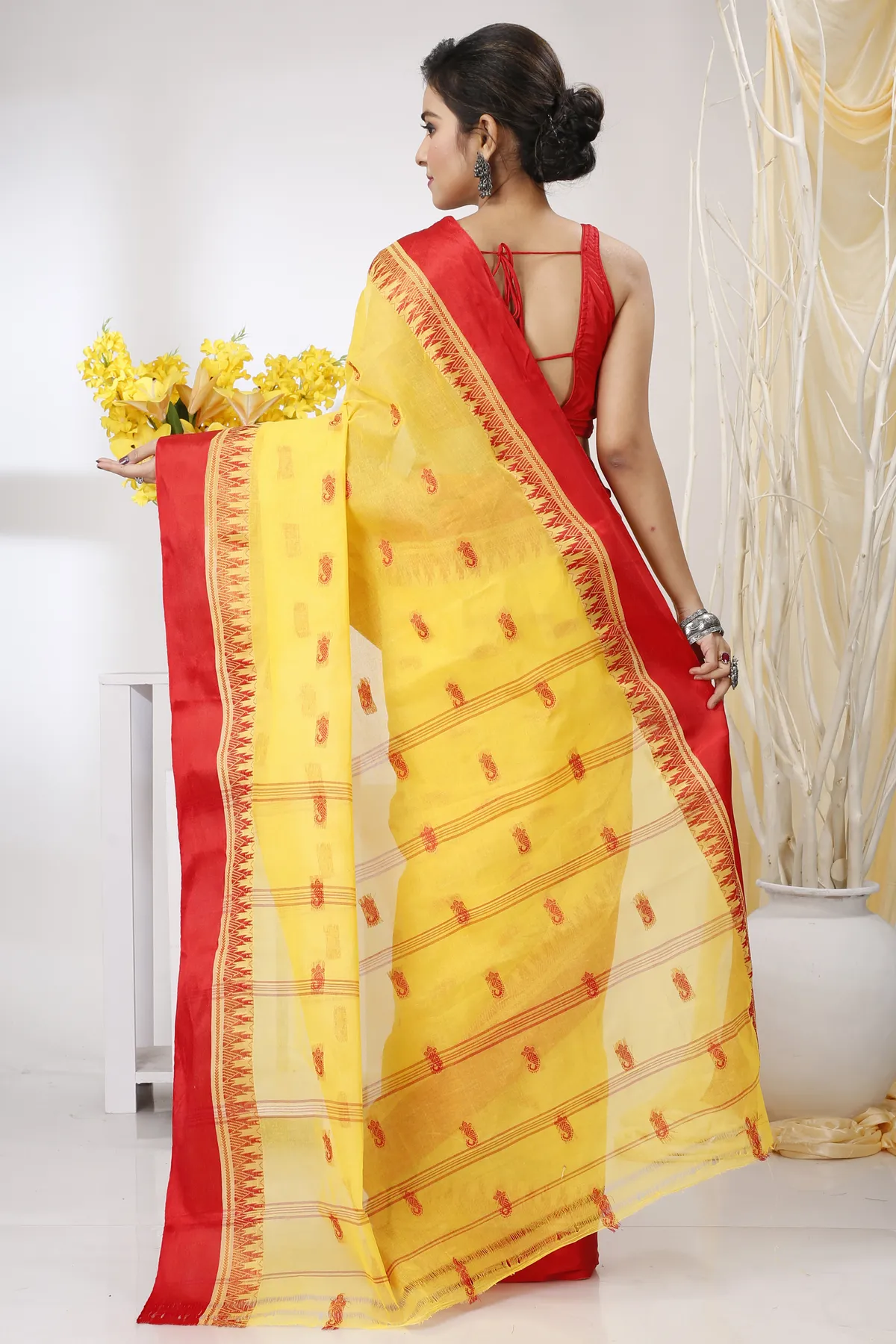 DipDiya Pure Cotton Yellow Red Lagan Handcrafted Elegance Tant Sarees