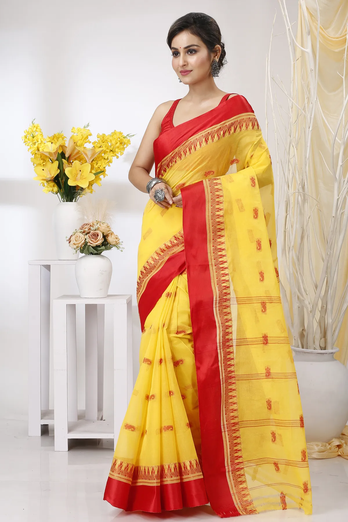 DipDiya Pure Cotton Yellow Red Lagan Handcrafted Elegance Tant Sarees