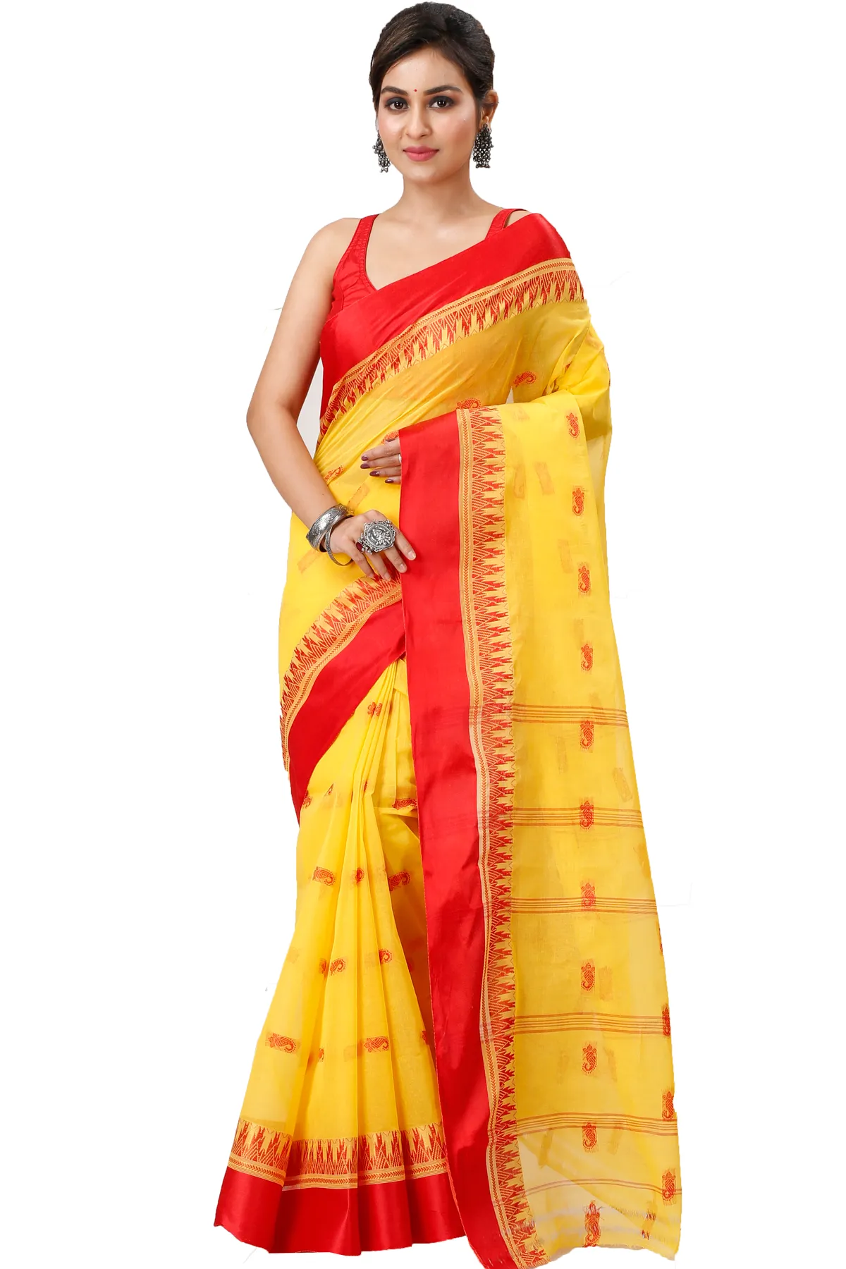 DipDiya Pure Cotton Yellow Red Lagan Handcrafted Elegance Tant Sarees
