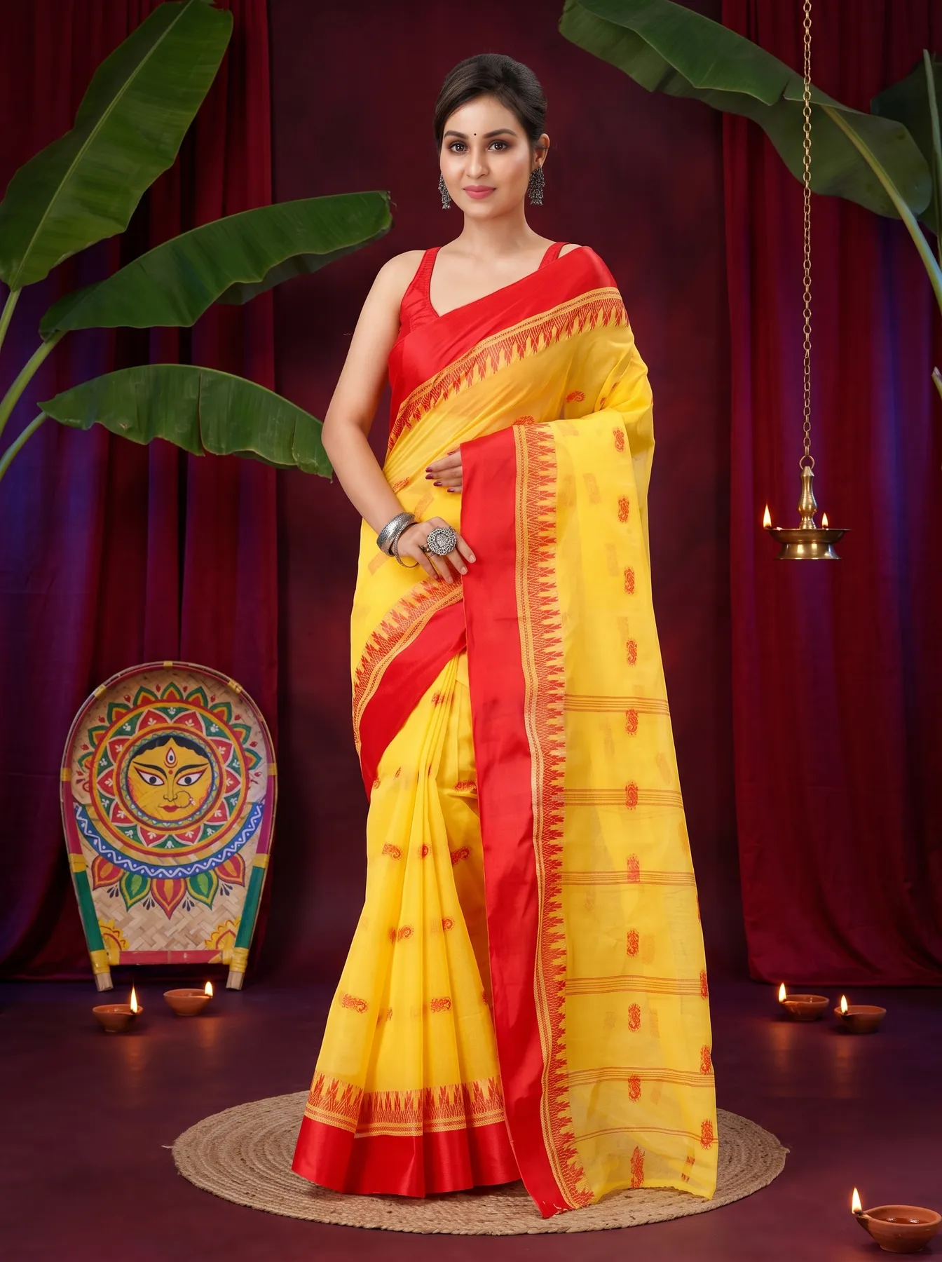 DipDiya Pure Cotton Yellow Red Lagan Handcrafted Elegance Tant Sarees