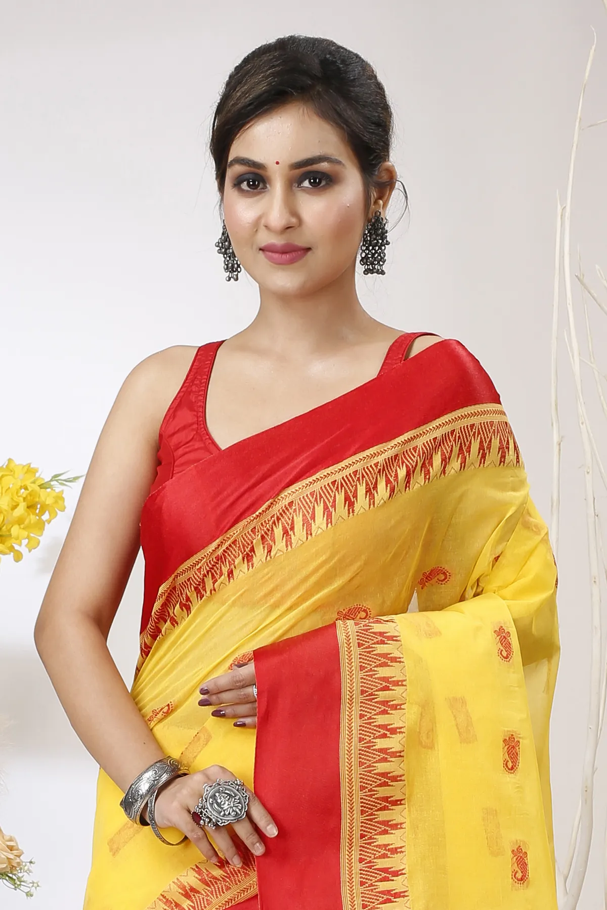 DipDiya Pure Cotton Yellow Red Lagan Handcrafted Elegance Tant Sarees