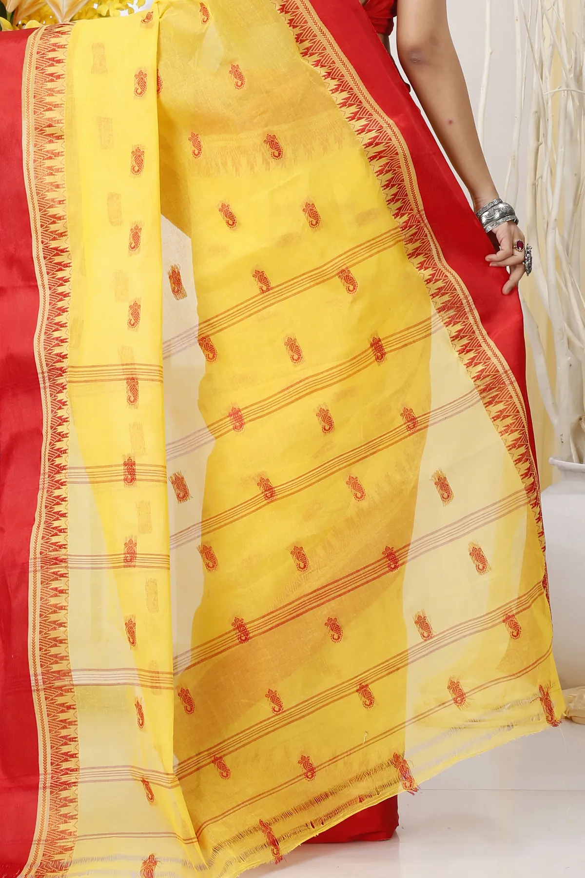 DipDiya Pure Cotton Yellow Red Lagan Handcrafted Elegance Tant Sarees