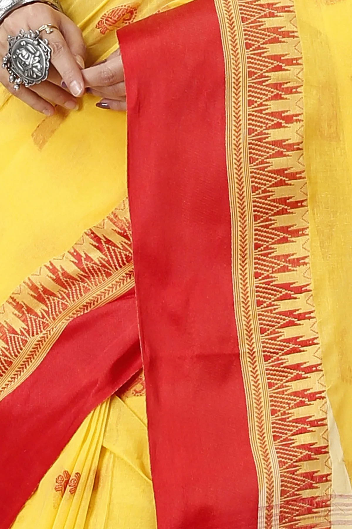 DipDiya Pure Cotton Yellow Red Lagan Handcrafted Elegance Tant Sarees