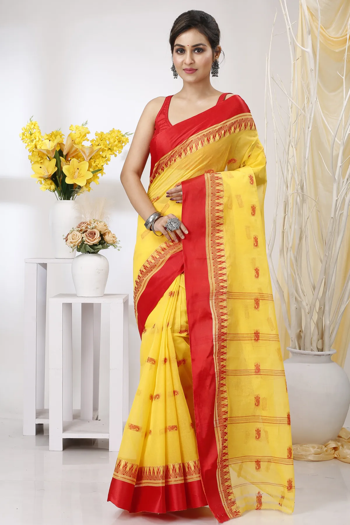 DipDiya Pure Cotton Yellow Red Lagan Handcrafted Elegance Tant Sarees
