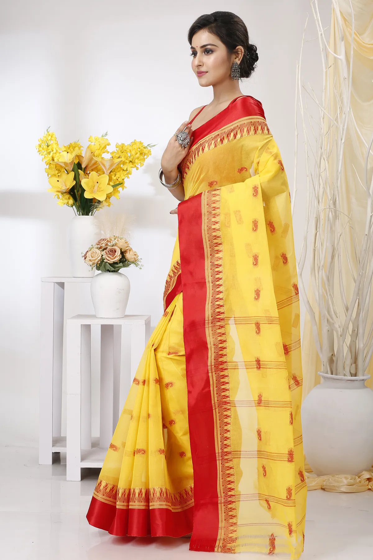 DipDiya Pure Cotton Yellow Red Lagan Handcrafted Elegance Tant Sarees