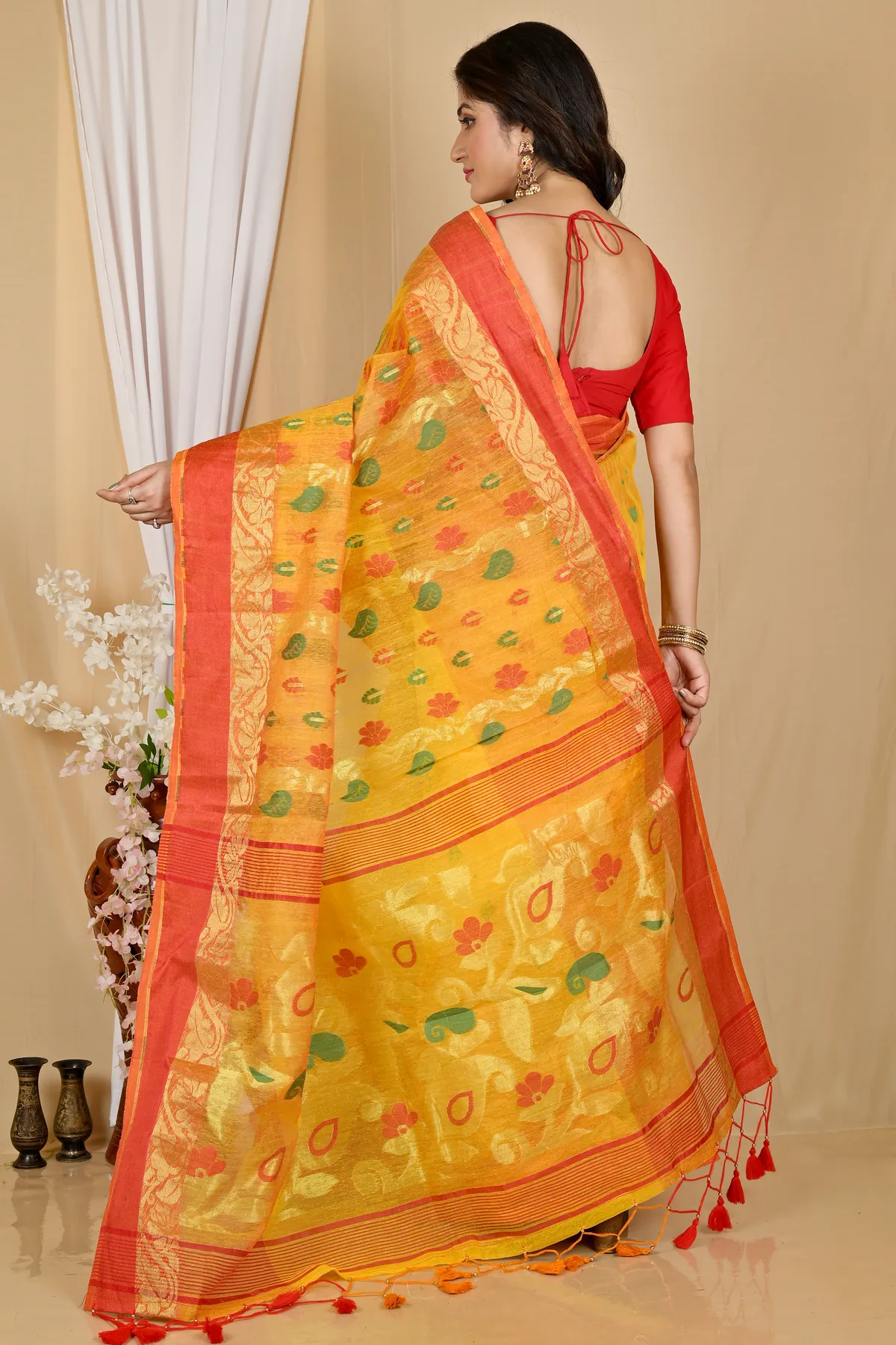 DipDiya Pure Cotton Yellow Red Madhka Bengali Heritage Tant Sarees