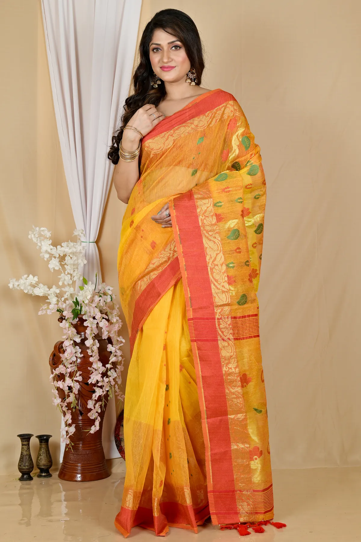DipDiya Pure Cotton Yellow Red Madhka Bengali Heritage Tant Sarees