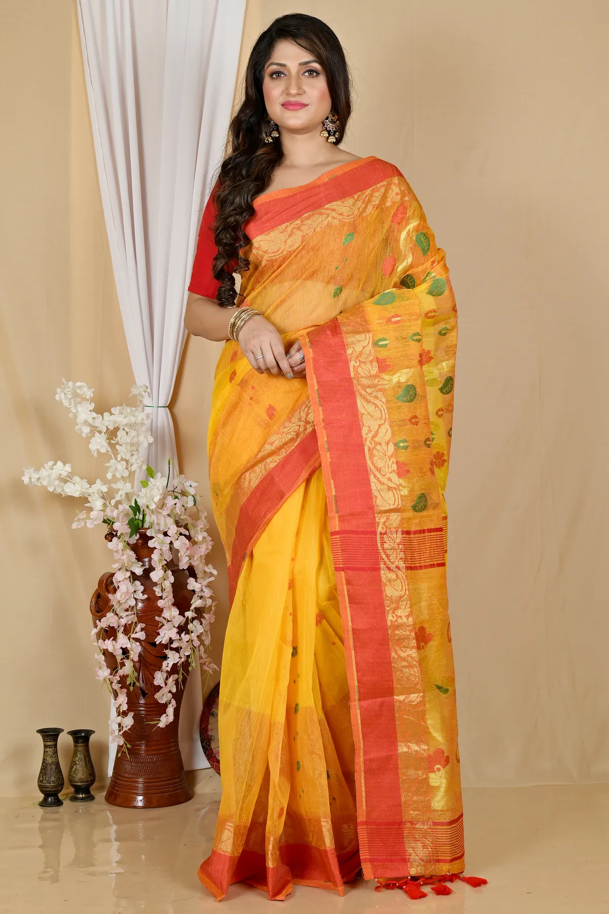 DipDiya Pure Cotton Yellow Red Madhka Bengali Heritage Tant Sarees