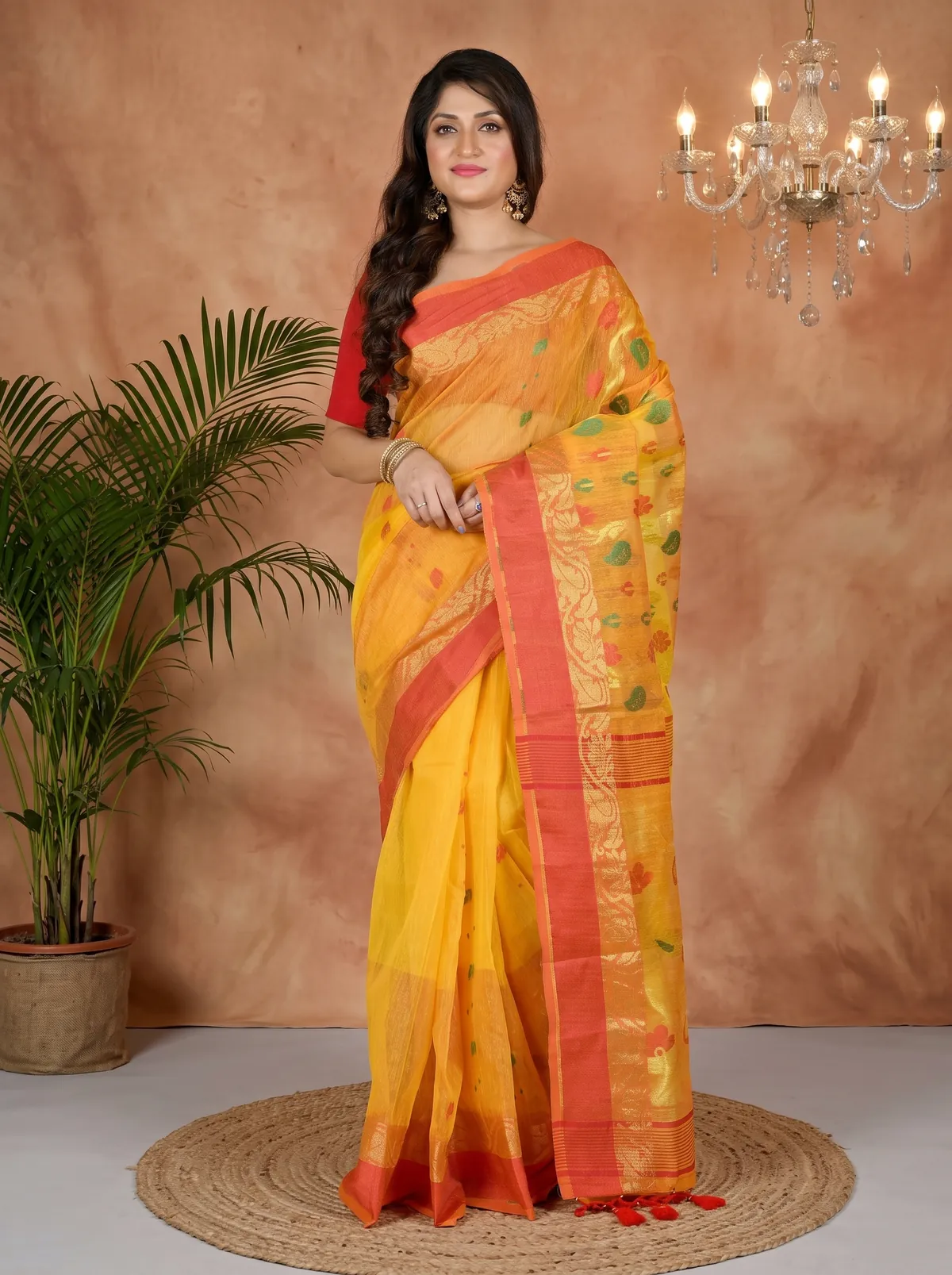 DipDiya Pure Cotton Yellow Red Madhka Bengali Heritage Tant Sarees