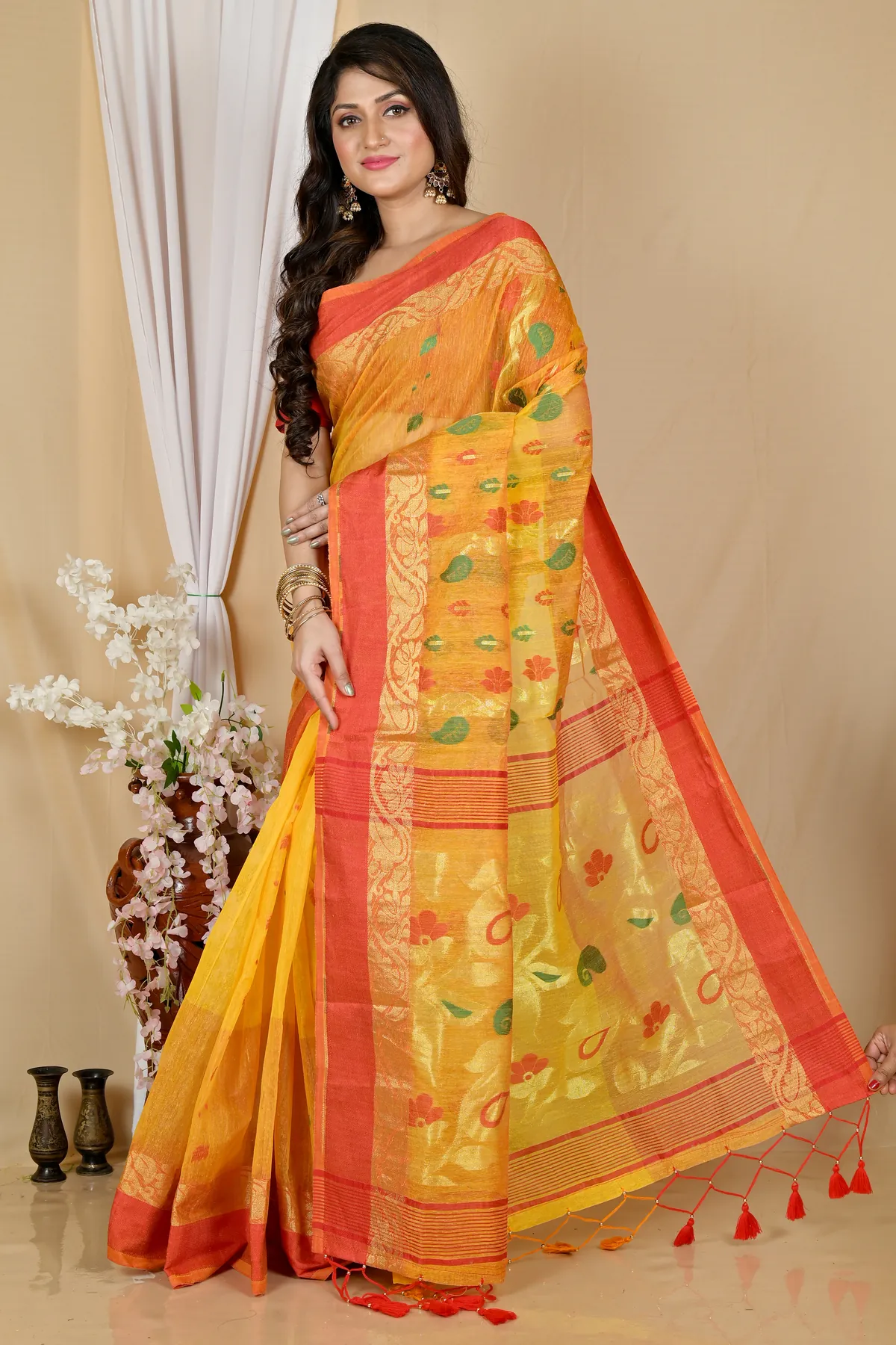 DipDiya Pure Cotton Yellow Red Madhka Bengali Heritage Tant Sarees