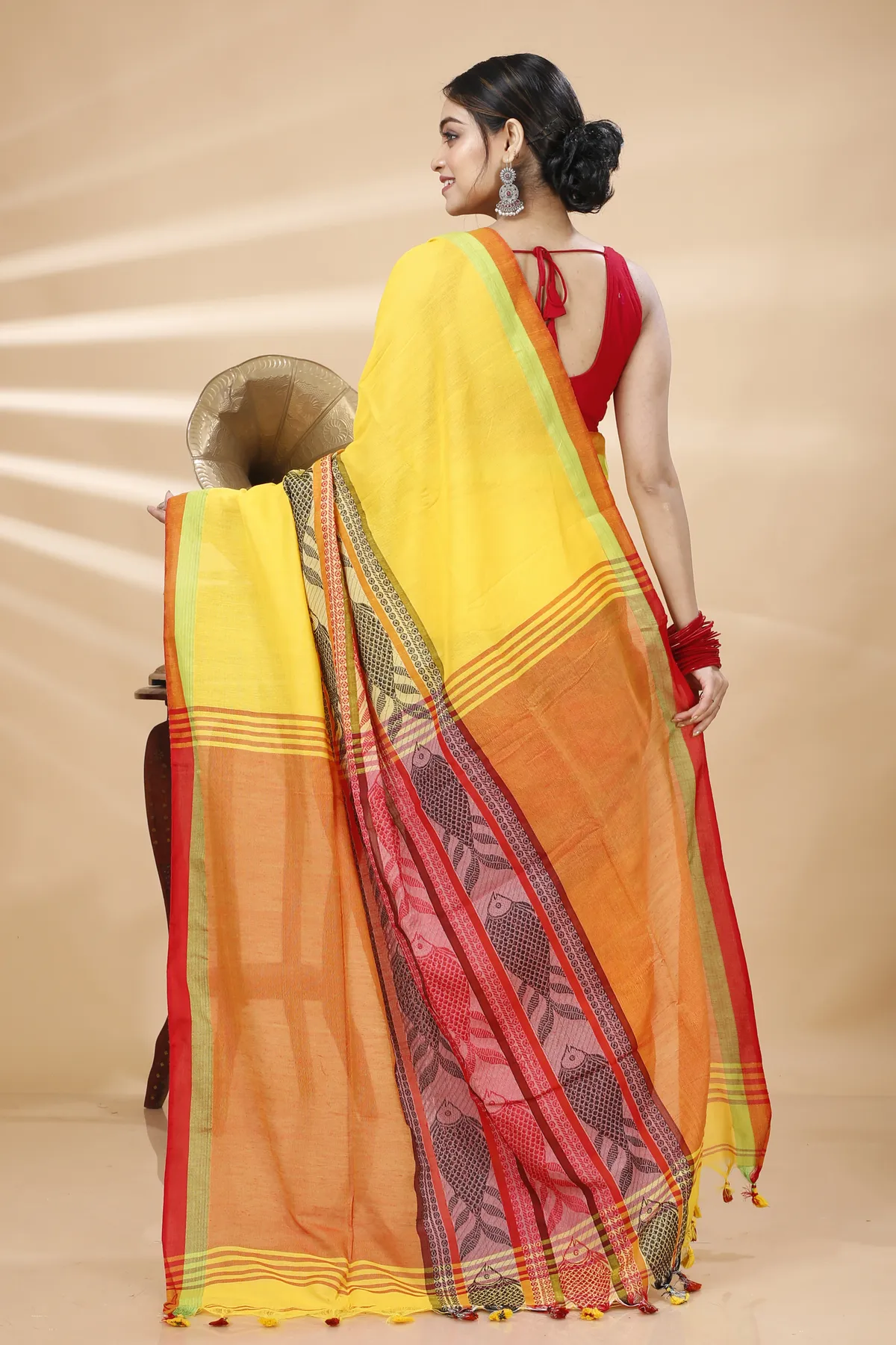 DipDiya Pure Cotton Yellow Red Marine Wrapped in Heritage Handloom Sarees