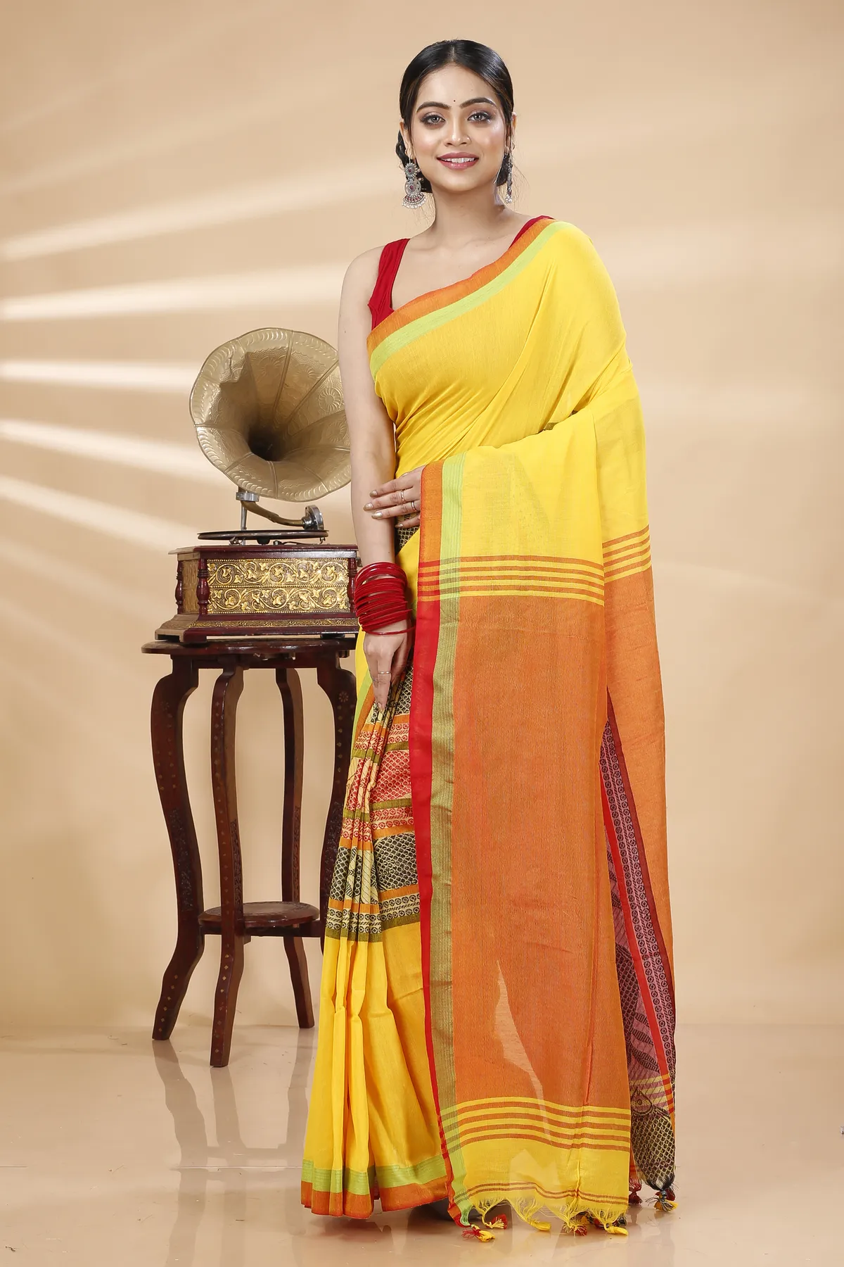 DipDiya Pure Cotton Yellow Red Marine Wrapped in Heritage Handloom Sarees