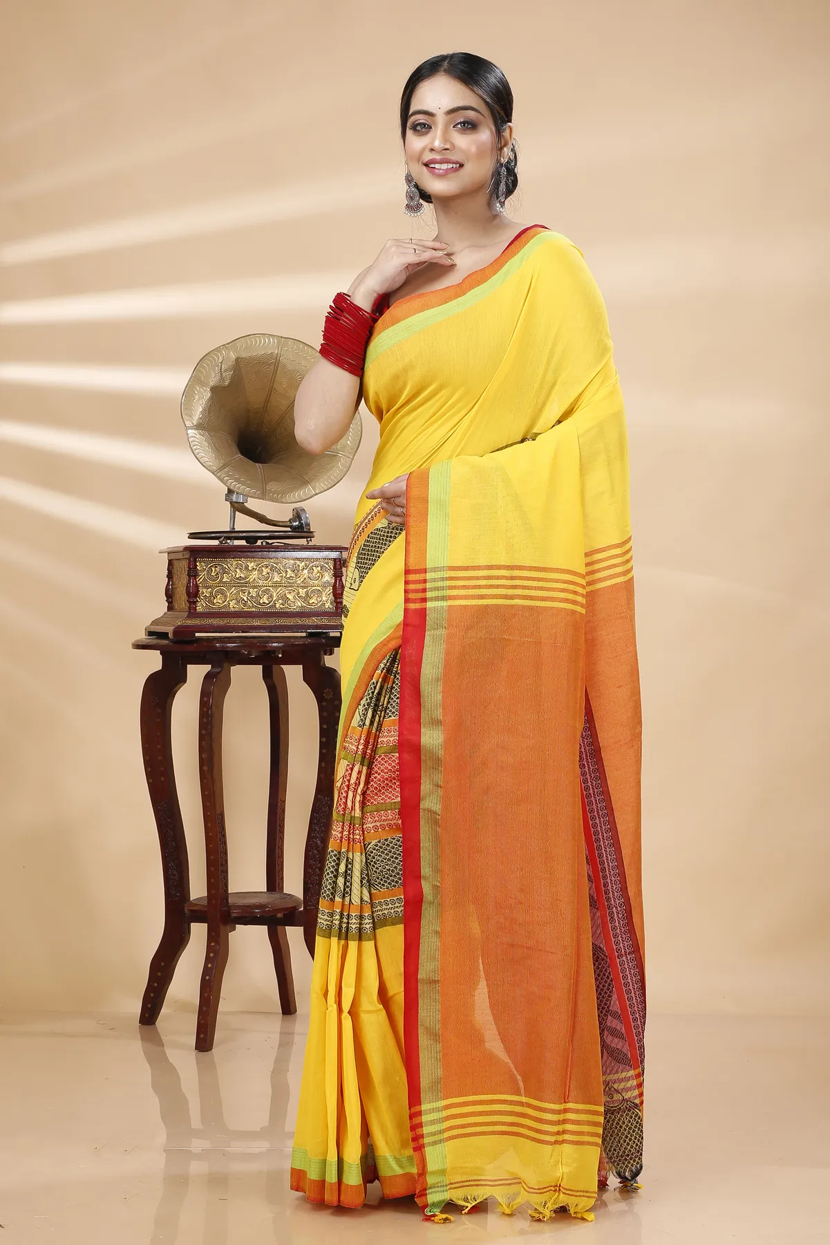 DipDiya Pure Cotton Yellow Red Marine Wrapped in Heritage Handloom Sarees