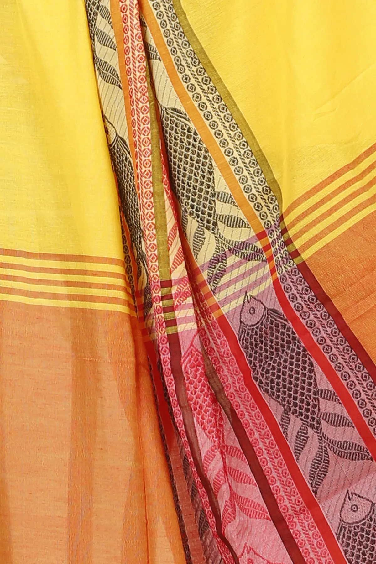 DipDiya Pure Cotton Yellow Red Marine Wrapped in Heritage Handloom Sarees