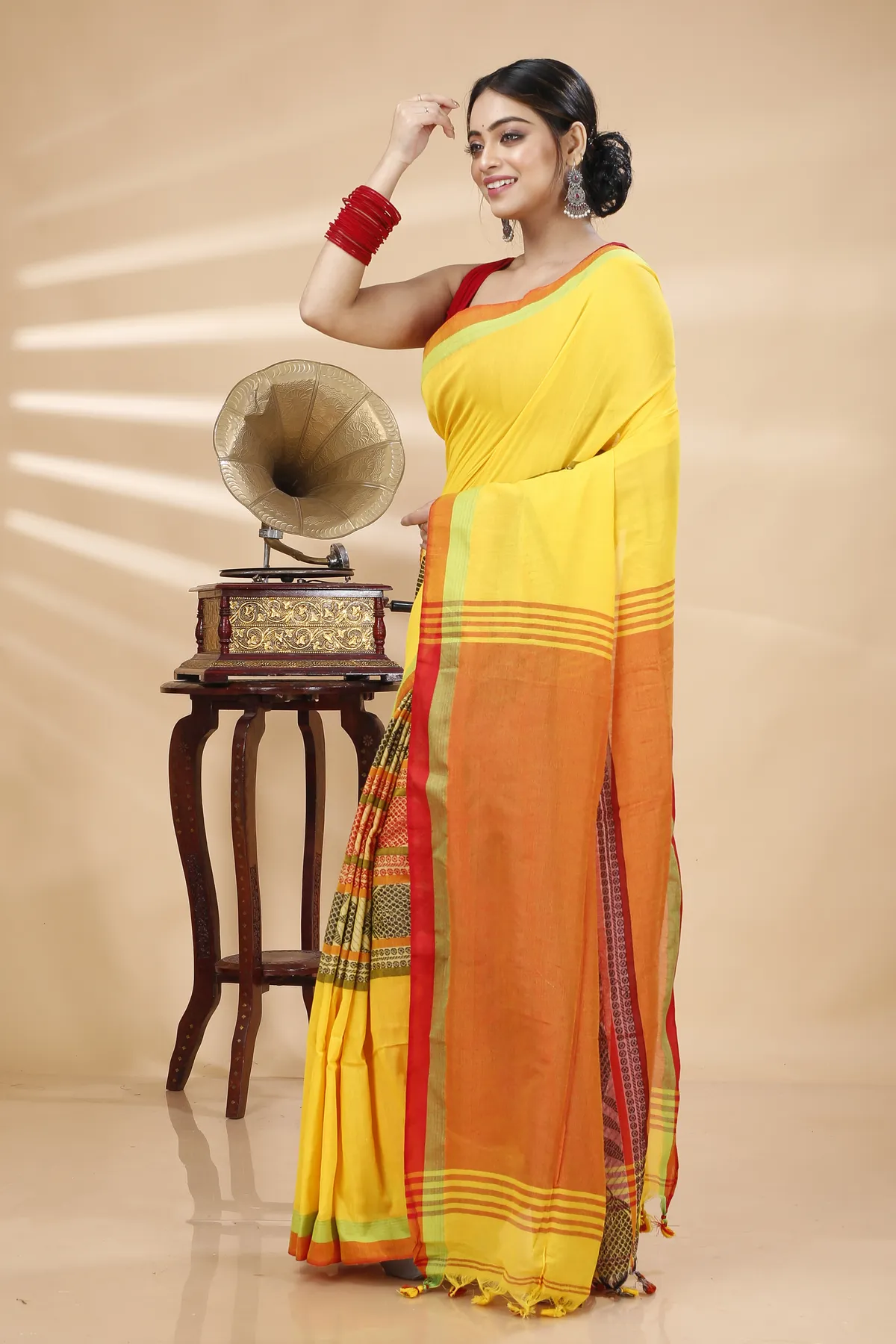 DipDiya Pure Cotton Yellow Red Marine Wrapped in Heritage Handloom Sarees