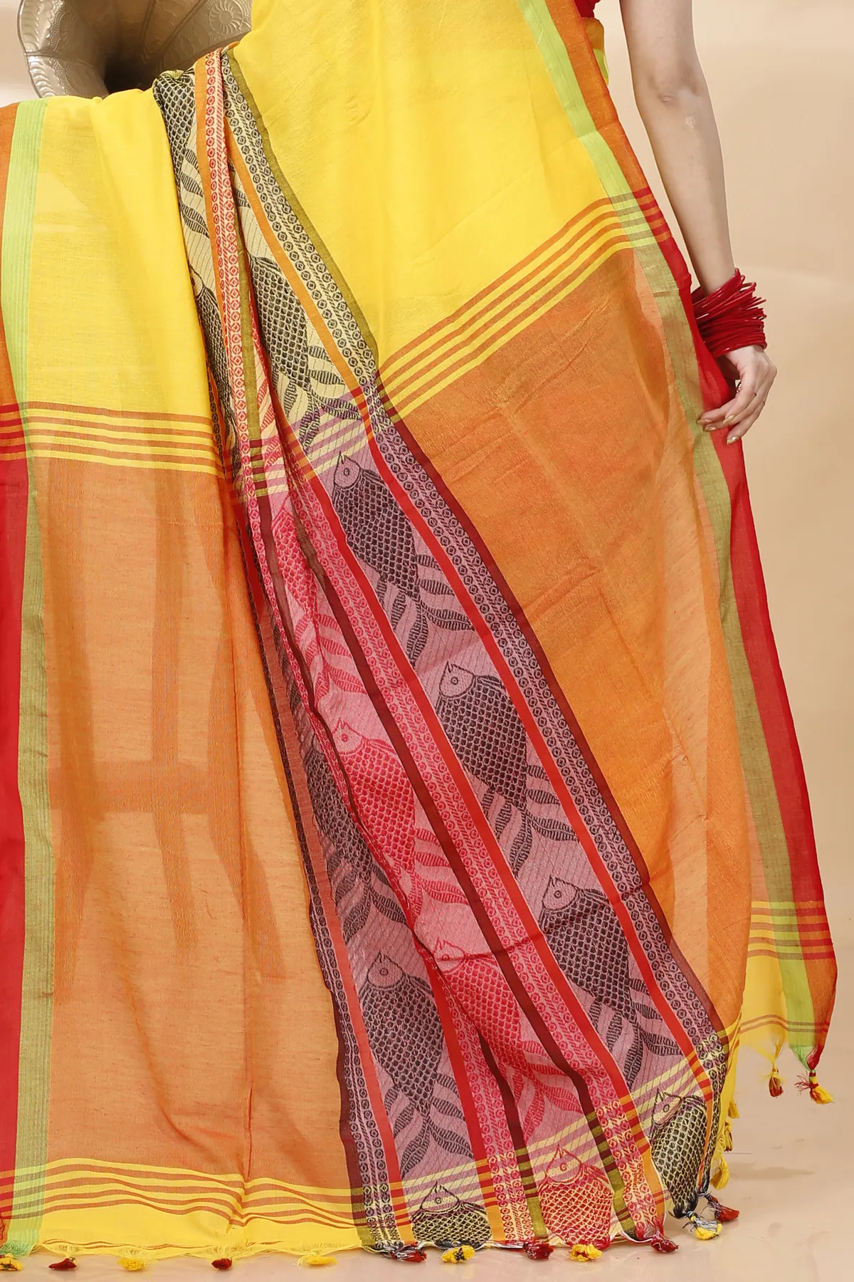 DipDiya Pure Cotton Yellow Red Marine Wrapped in Heritage Handloom Sarees