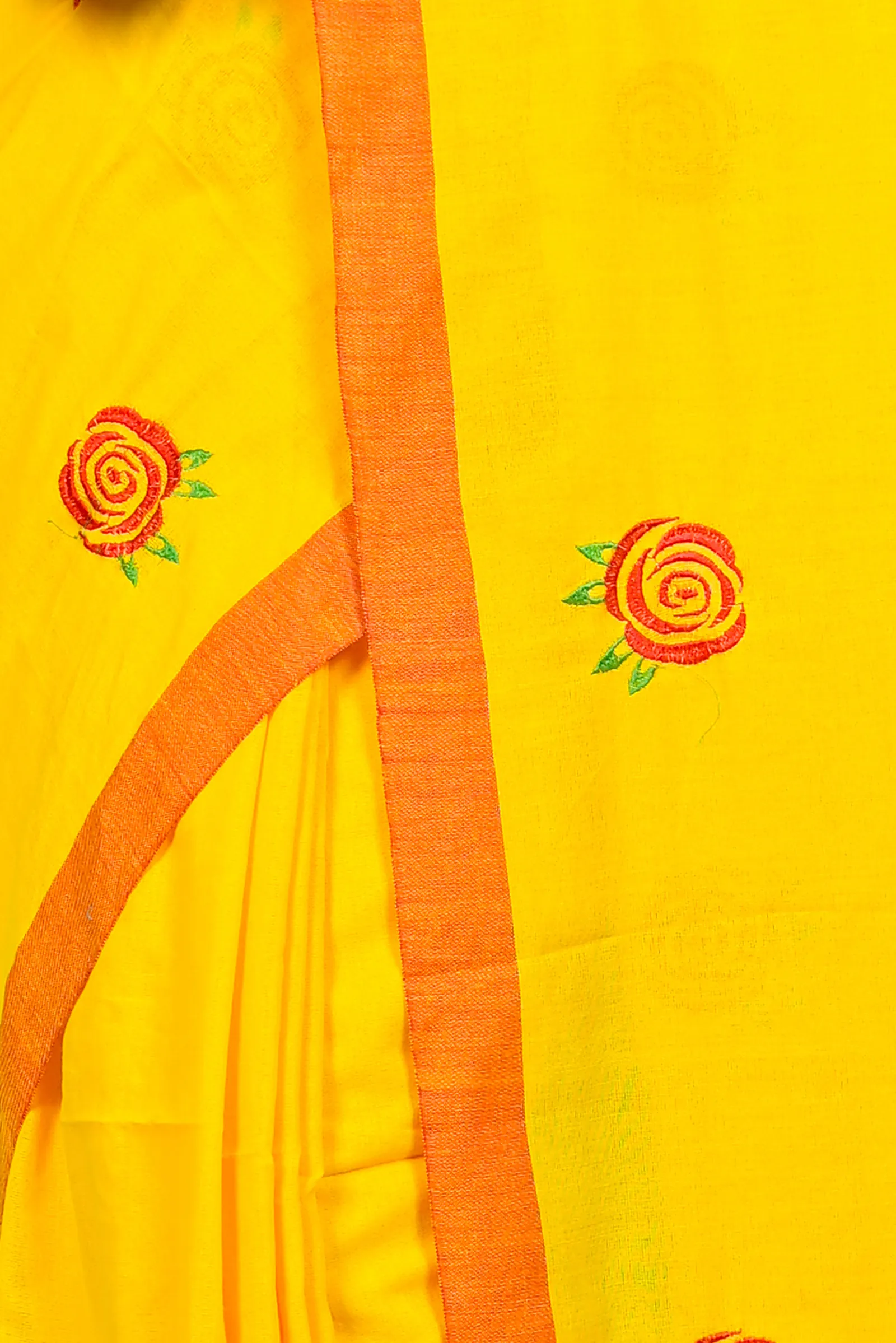 DipDiya Pure Cotton Yellow Red Parag Pure Bengali Grace Embroidery Handloom sarees