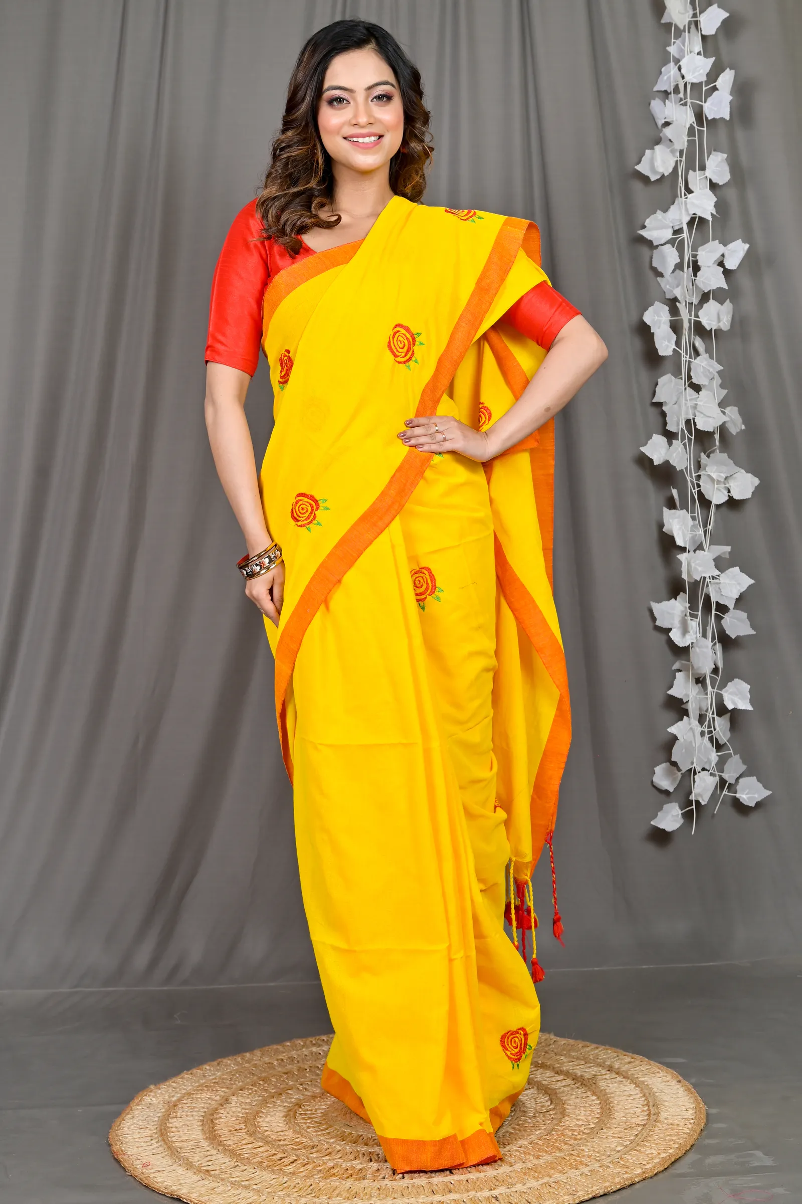 DipDiya Pure Cotton Yellow Red Parag Pure Bengali Grace Embroidery Handloom sarees