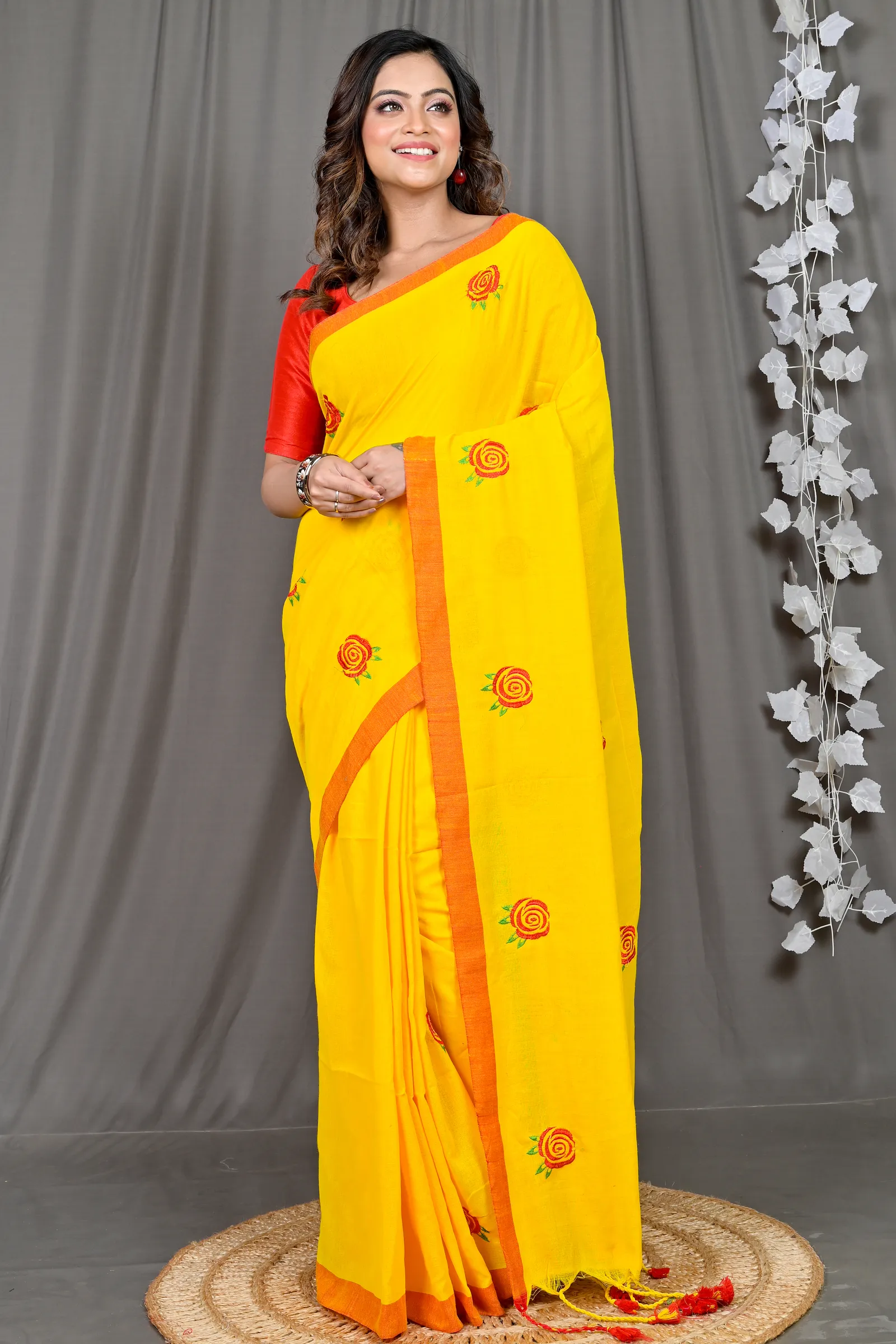 DipDiya Pure Cotton Yellow Red Parag Pure Bengali Grace Embroidery Handloom sarees