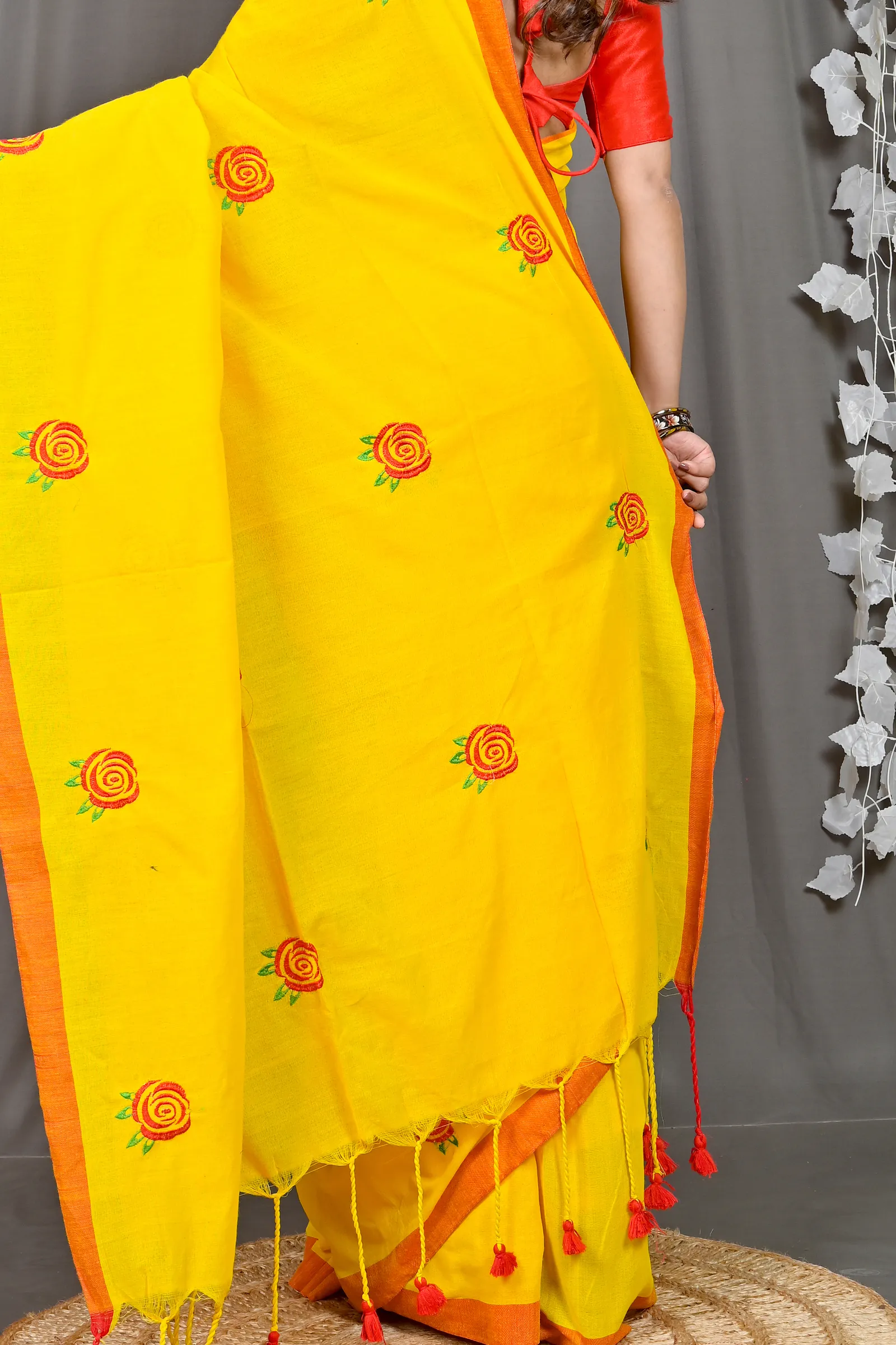 DipDiya Pure Cotton Yellow Red Parag Pure Bengali Grace Embroidery Handloom sarees