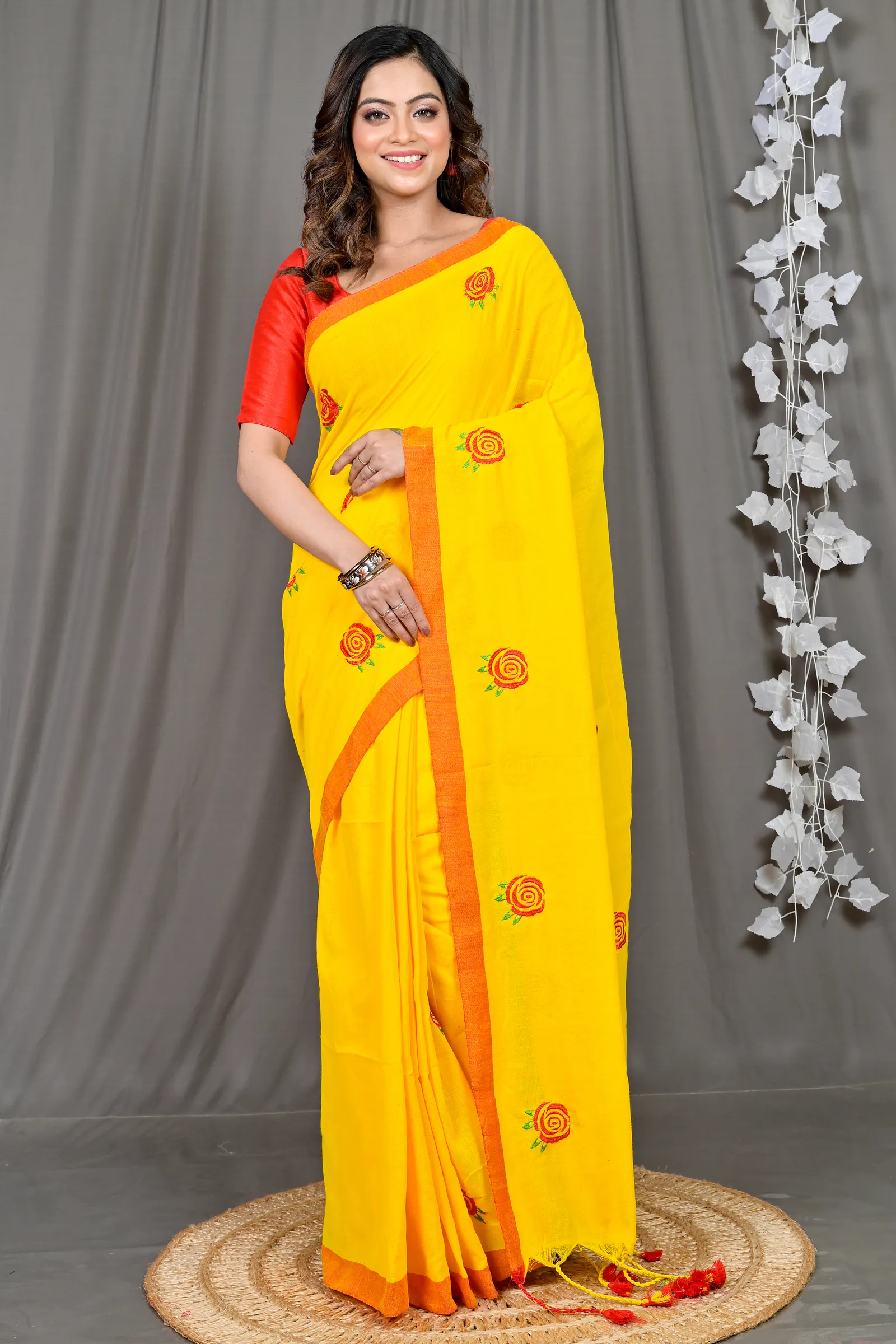 DipDiya Pure Cotton Yellow Red Parag Pure Bengali Grace Embroidery Handloom sarees
