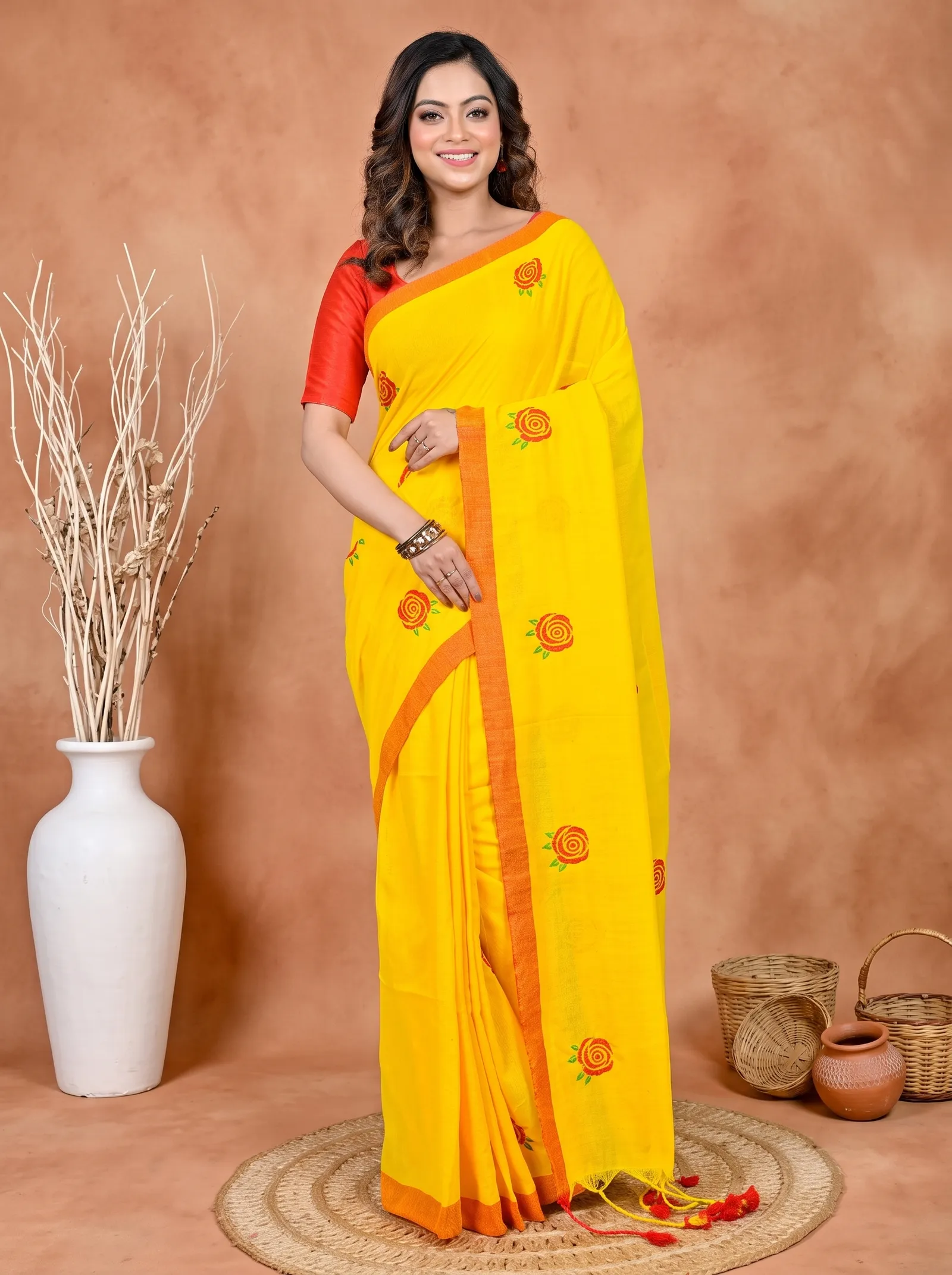 DipDiya Pure Cotton Yellow Red Parag Pure Bengali Grace Embroidery Handloom sarees