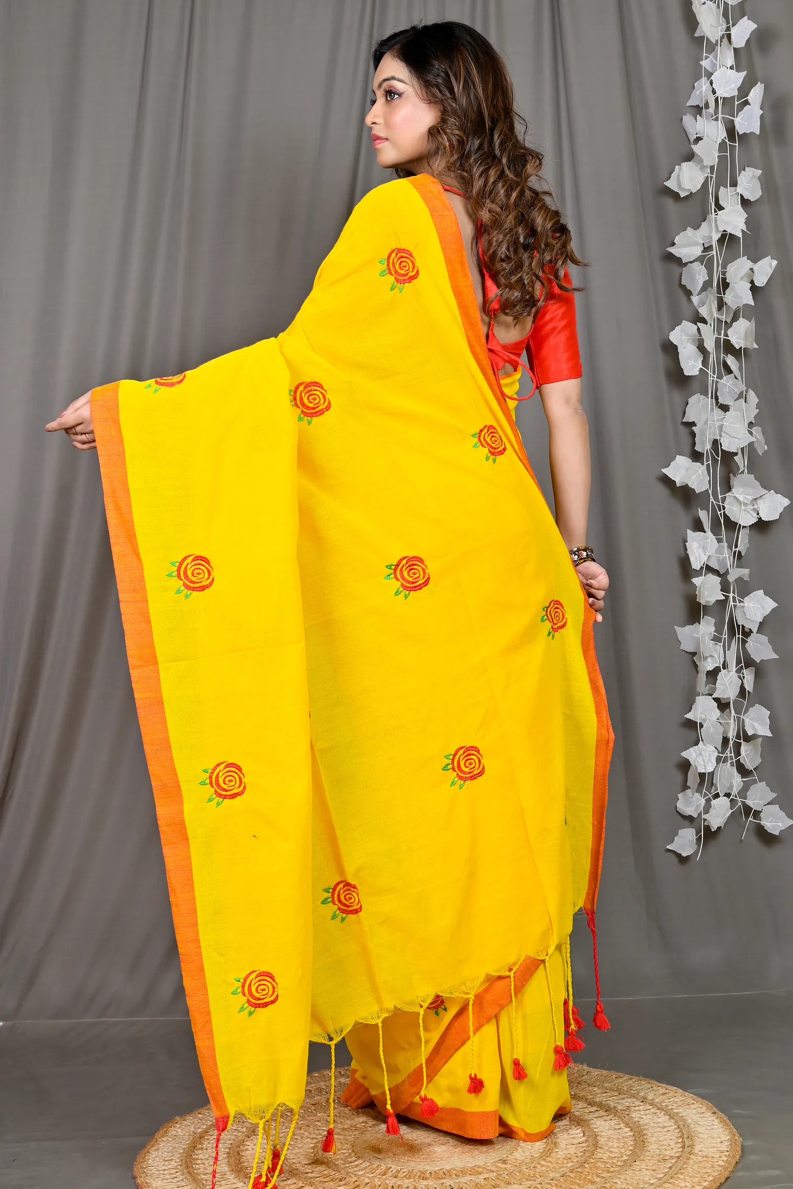 DipDiya Pure Cotton Yellow Red Parag Pure Bengali Grace Embroidery Handloom sarees