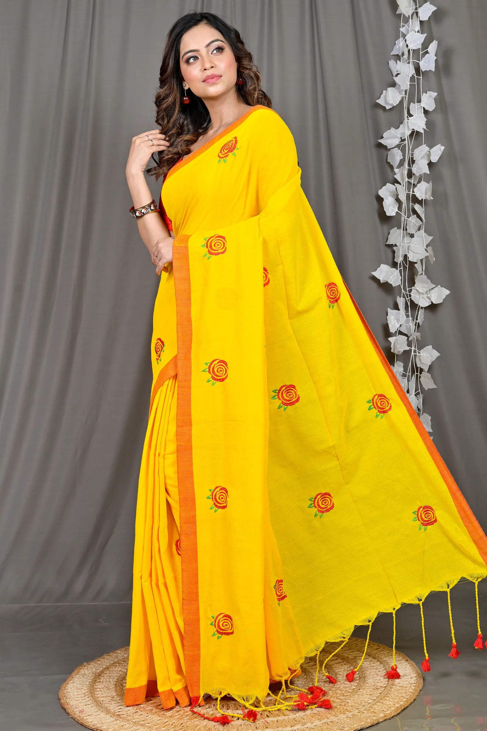 DipDiya Pure Cotton Yellow Red Parag Pure Bengali Grace Embroidery Handloom sarees