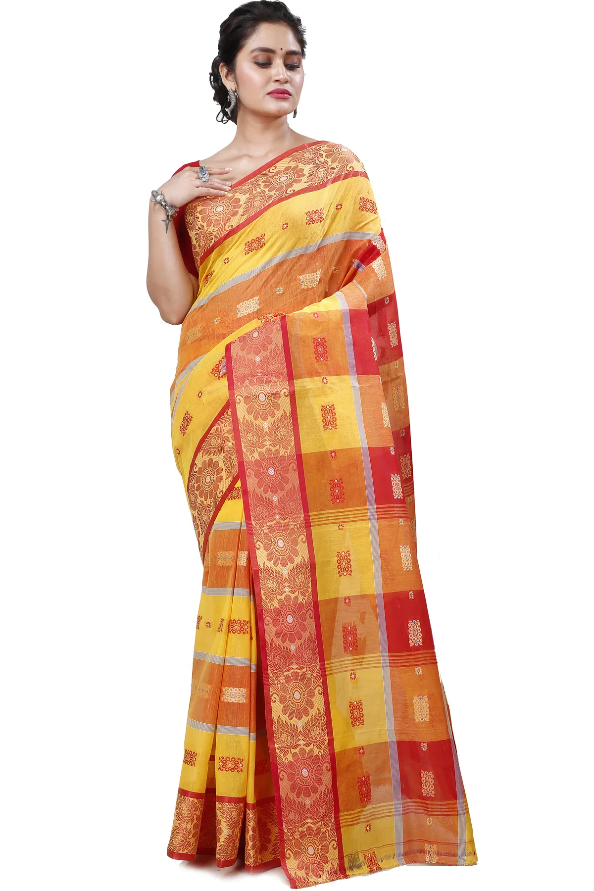 DipDiya Pure Cotton Yellow Red RajSahi Stories of Bengal Tant Sarees