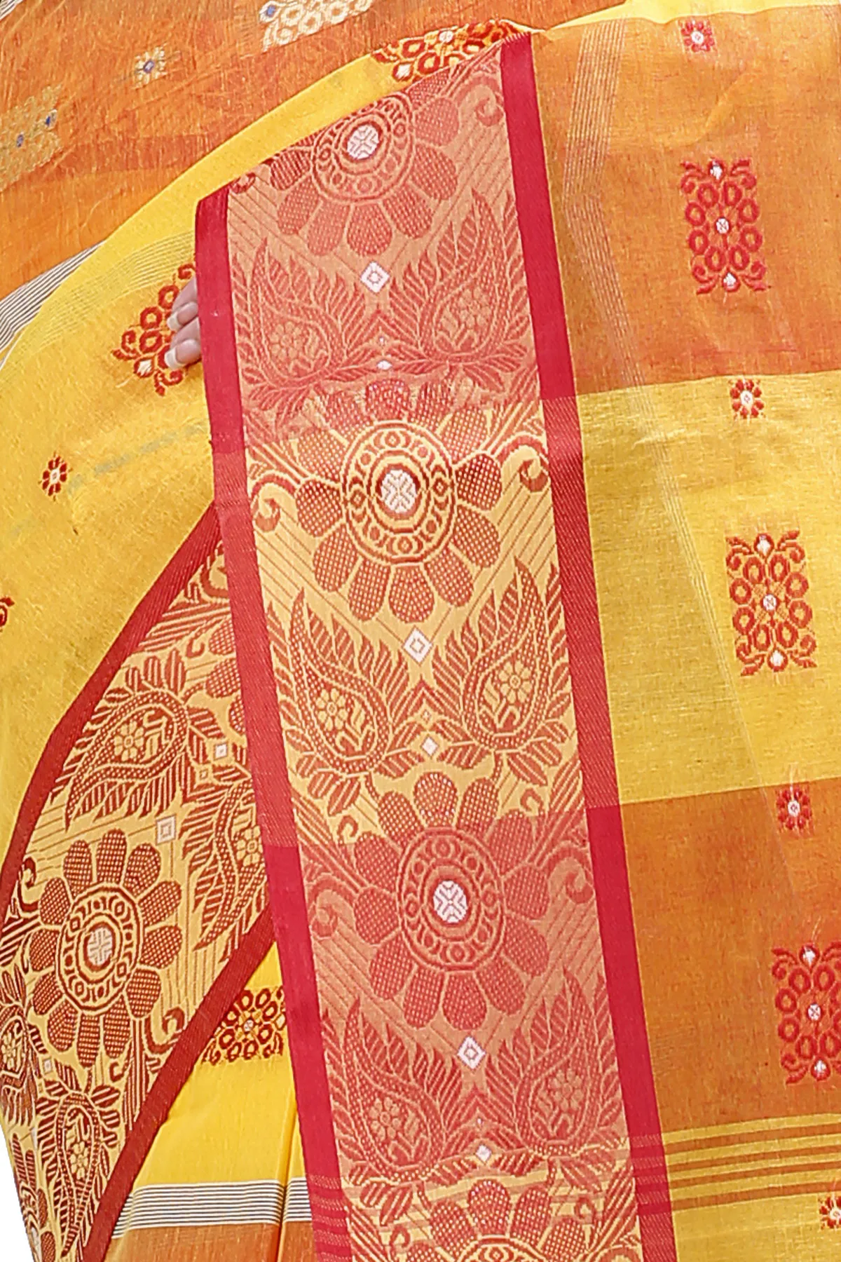 DipDiya Pure Cotton Yellow Red RajSahi Stories of Bengal Tant Sarees