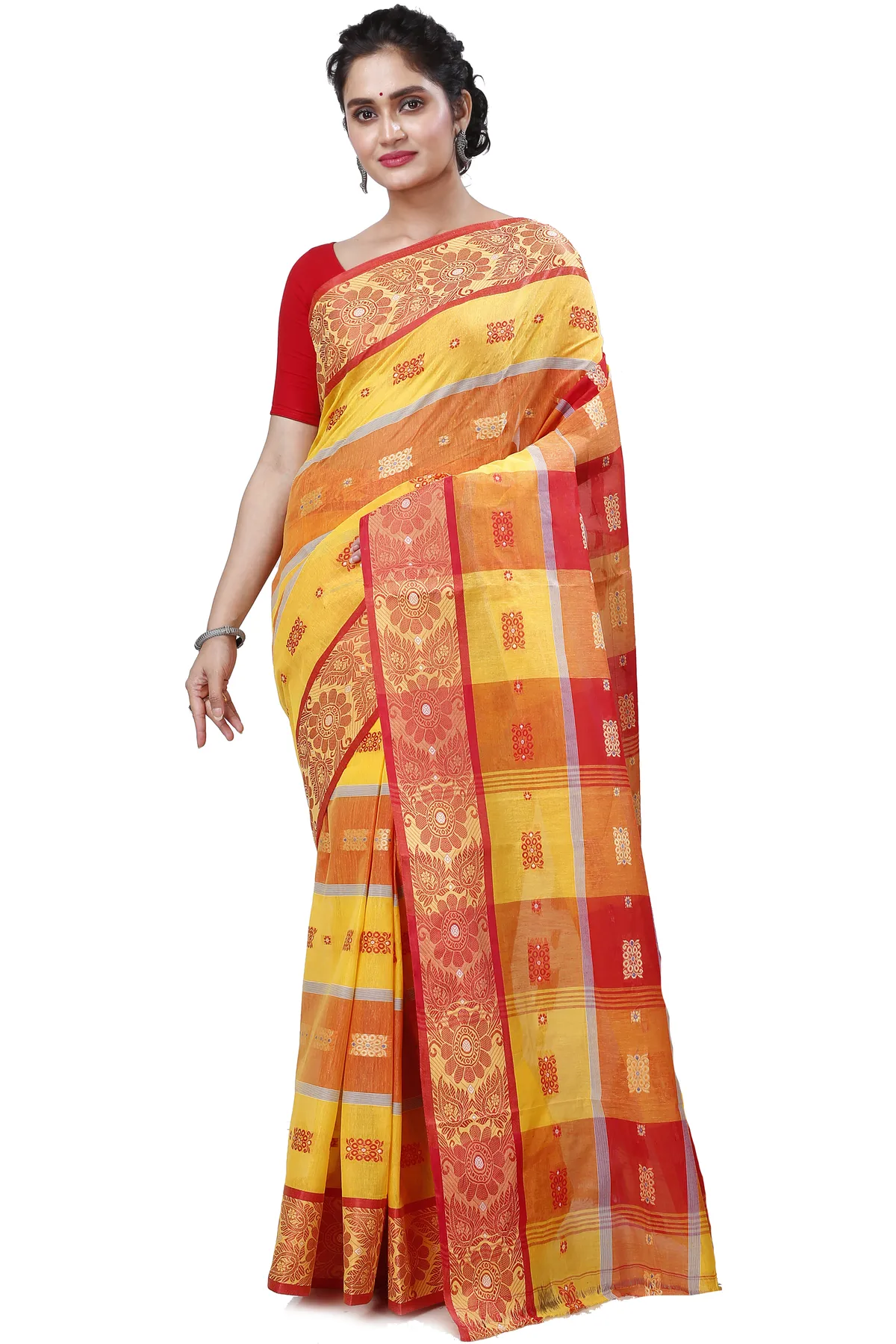 DipDiya Pure Cotton Yellow Red RajSahi Stories of Bengal Tant Sarees