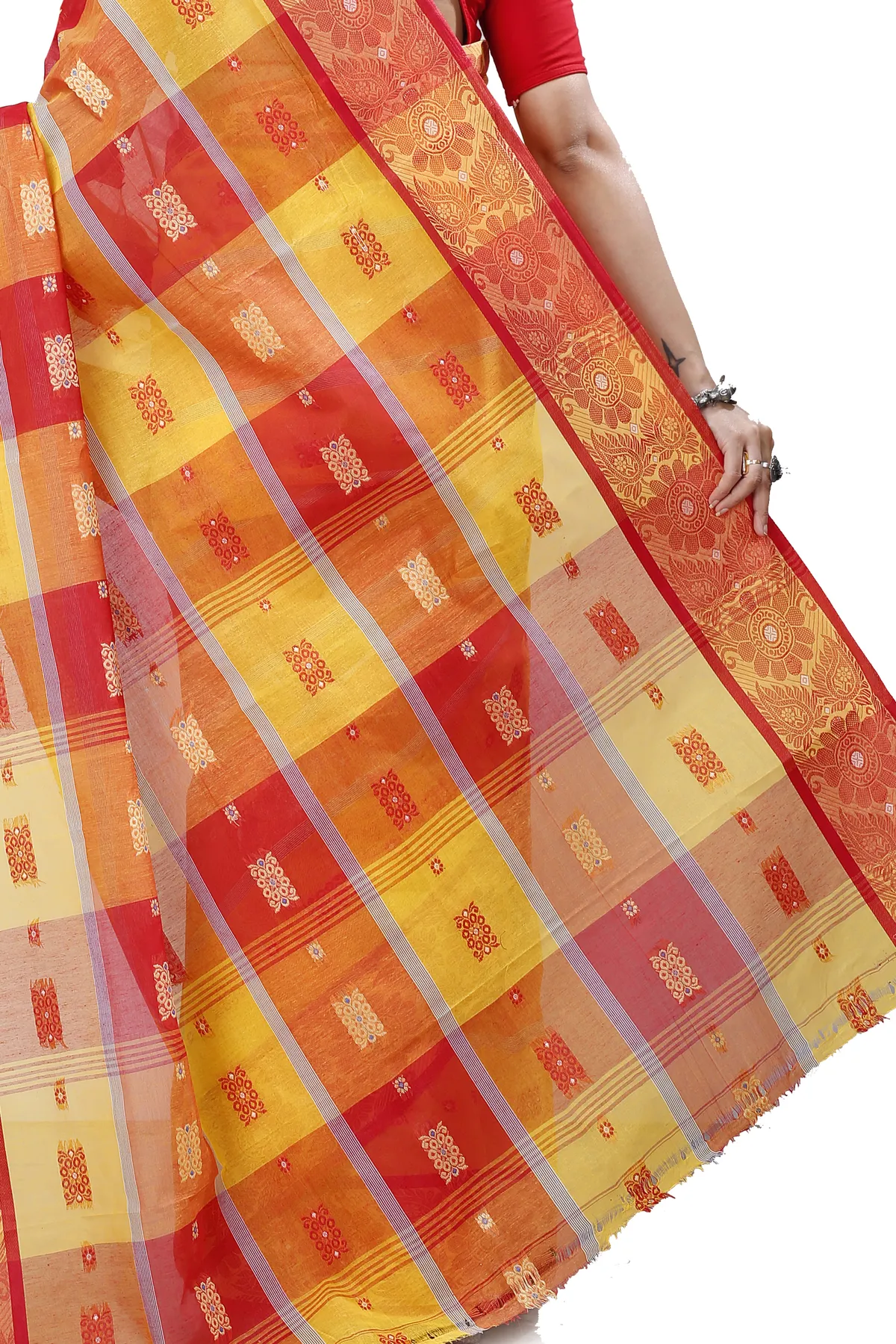 DipDiya Pure Cotton Yellow Red RajSahi Stories of Bengal Tant Sarees