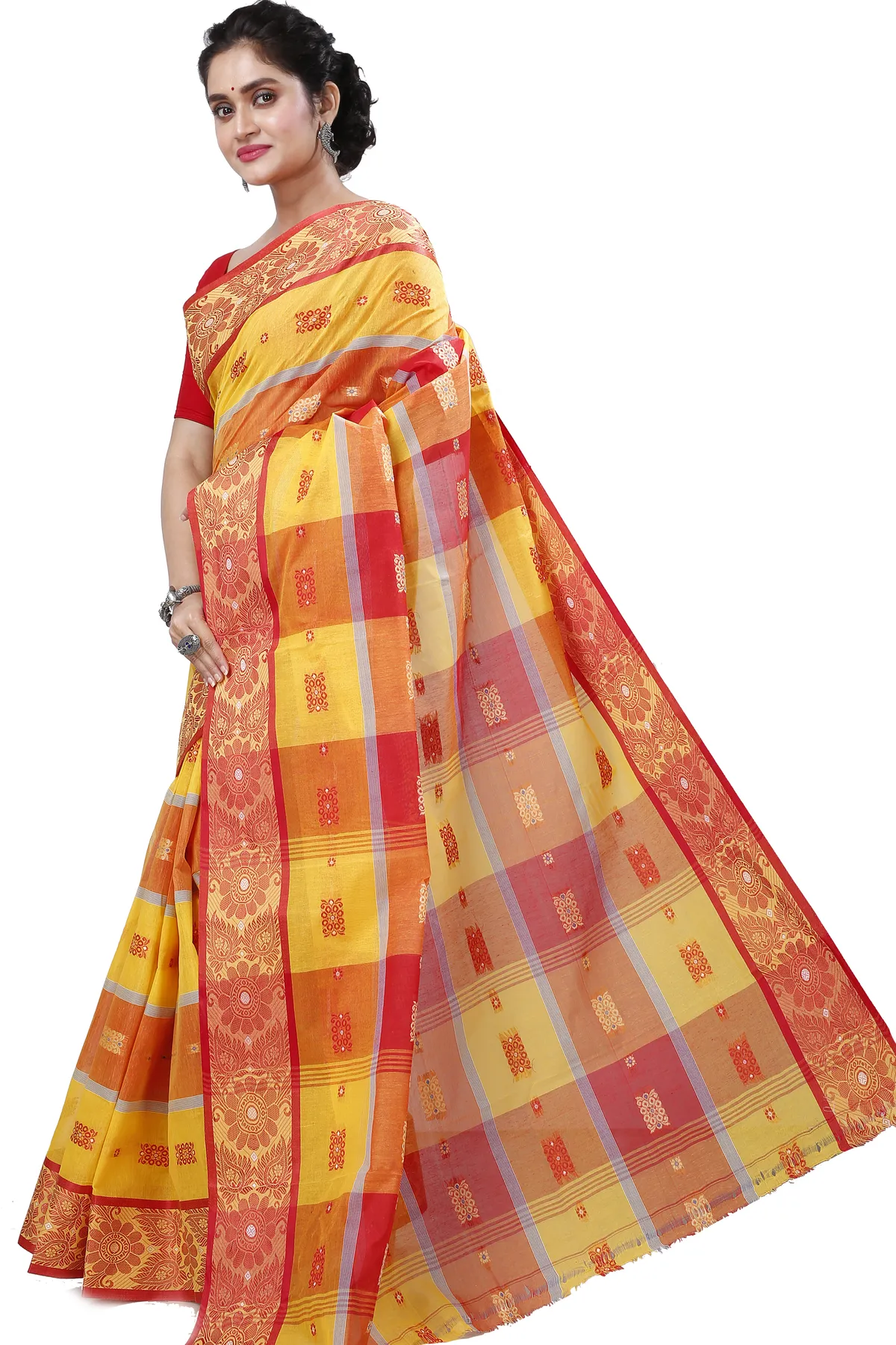 DipDiya Pure Cotton Yellow Red RajSahi Stories of Bengal Tant Sarees