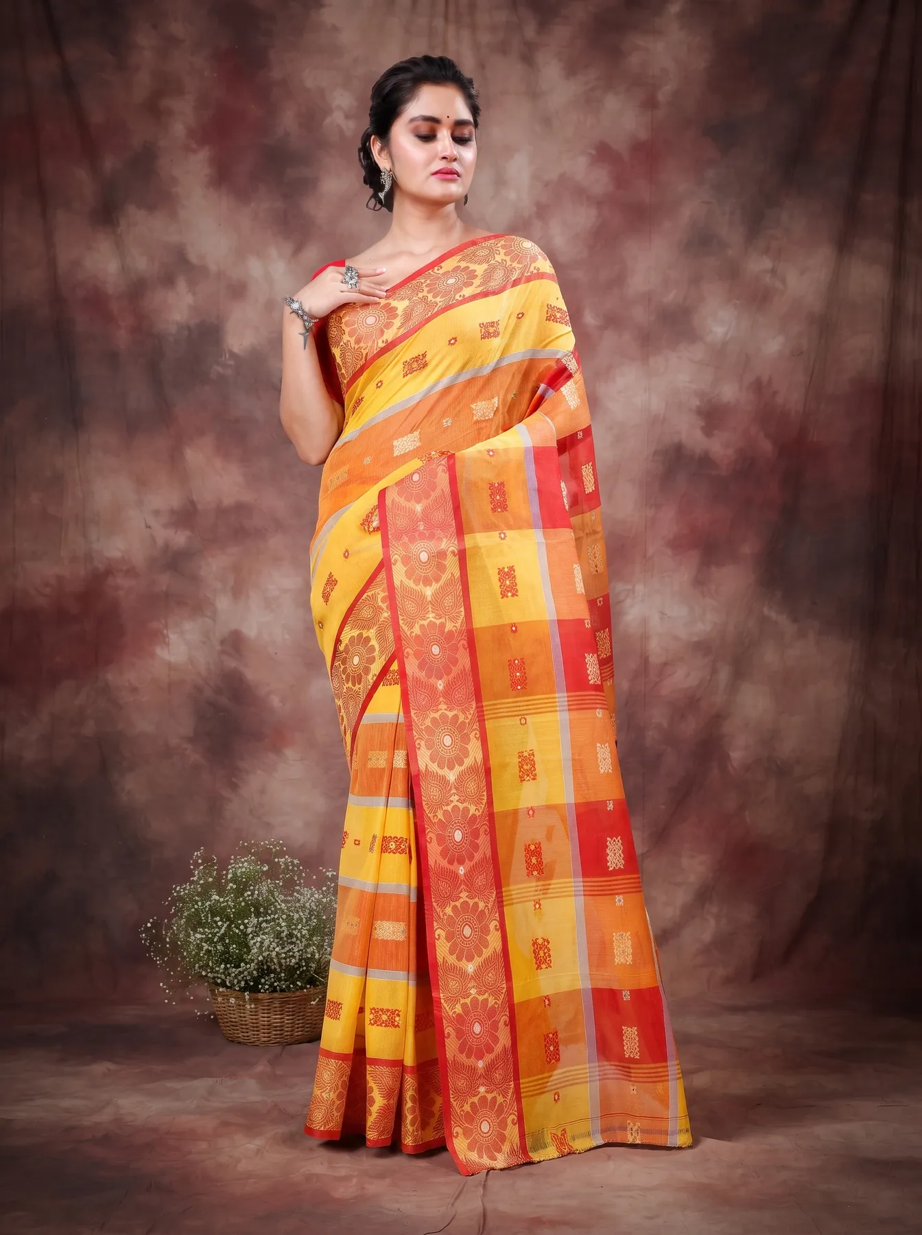 DipDiya Pure Cotton Yellow Red RajSahi Stories of Bengal Tant Sarees