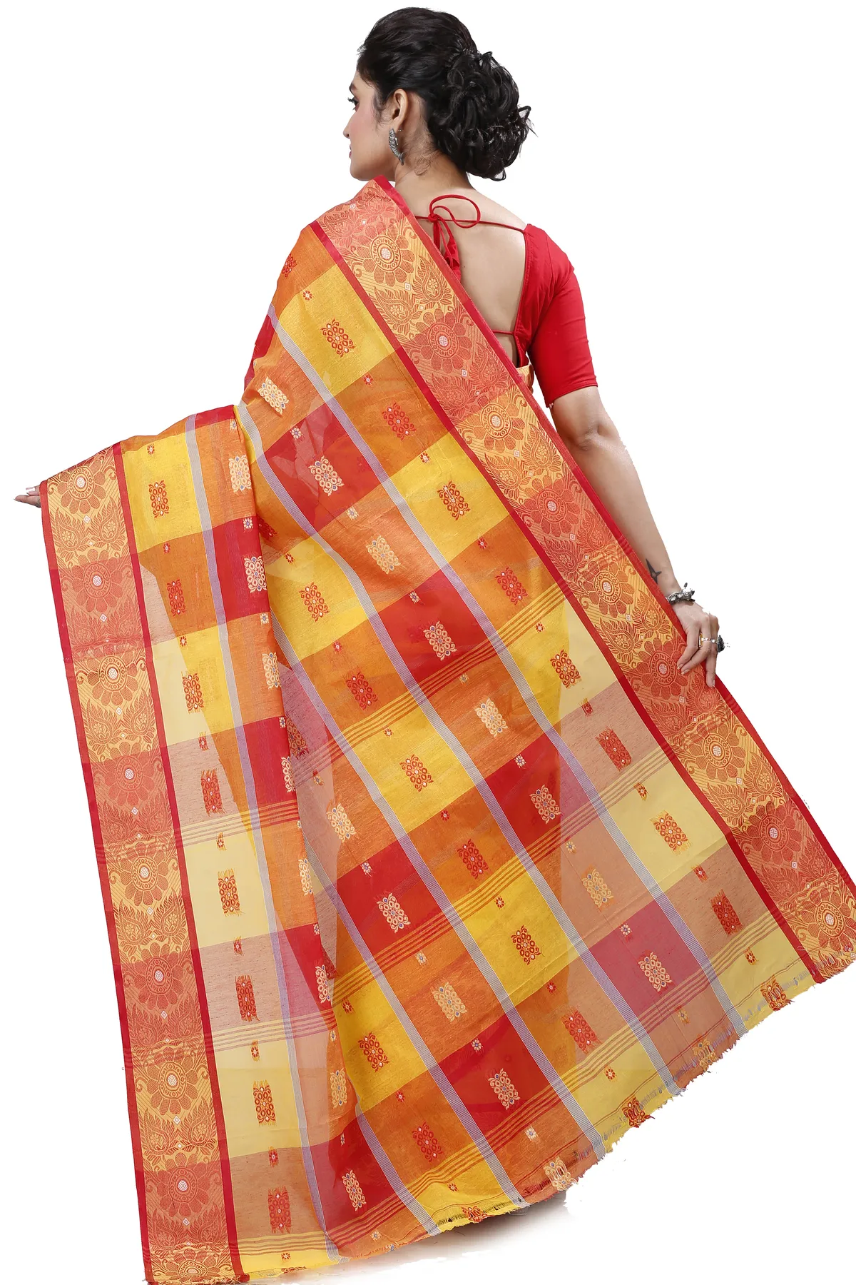 DipDiya Pure Cotton Yellow Red RajSahi Stories of Bengal Tant Sarees