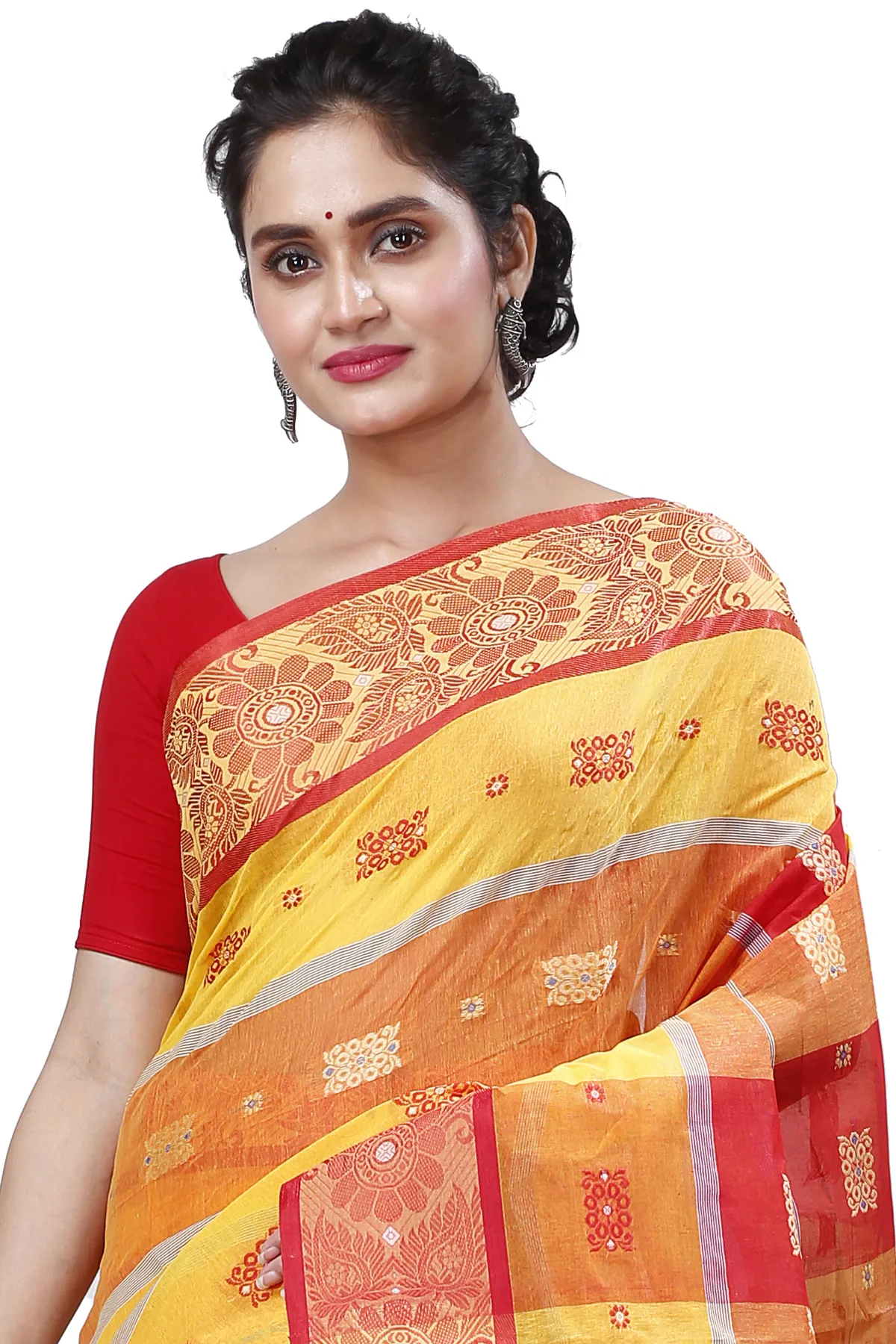 DipDiya Pure Cotton Yellow Red RajSahi Stories of Bengal Tant Sarees