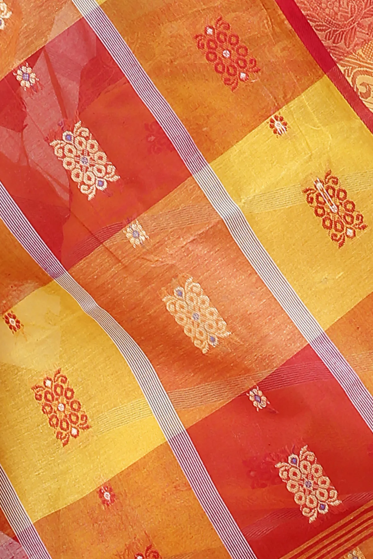 DipDiya Pure Cotton Yellow Red RajSahi Stories of Bengal Tant Sarees