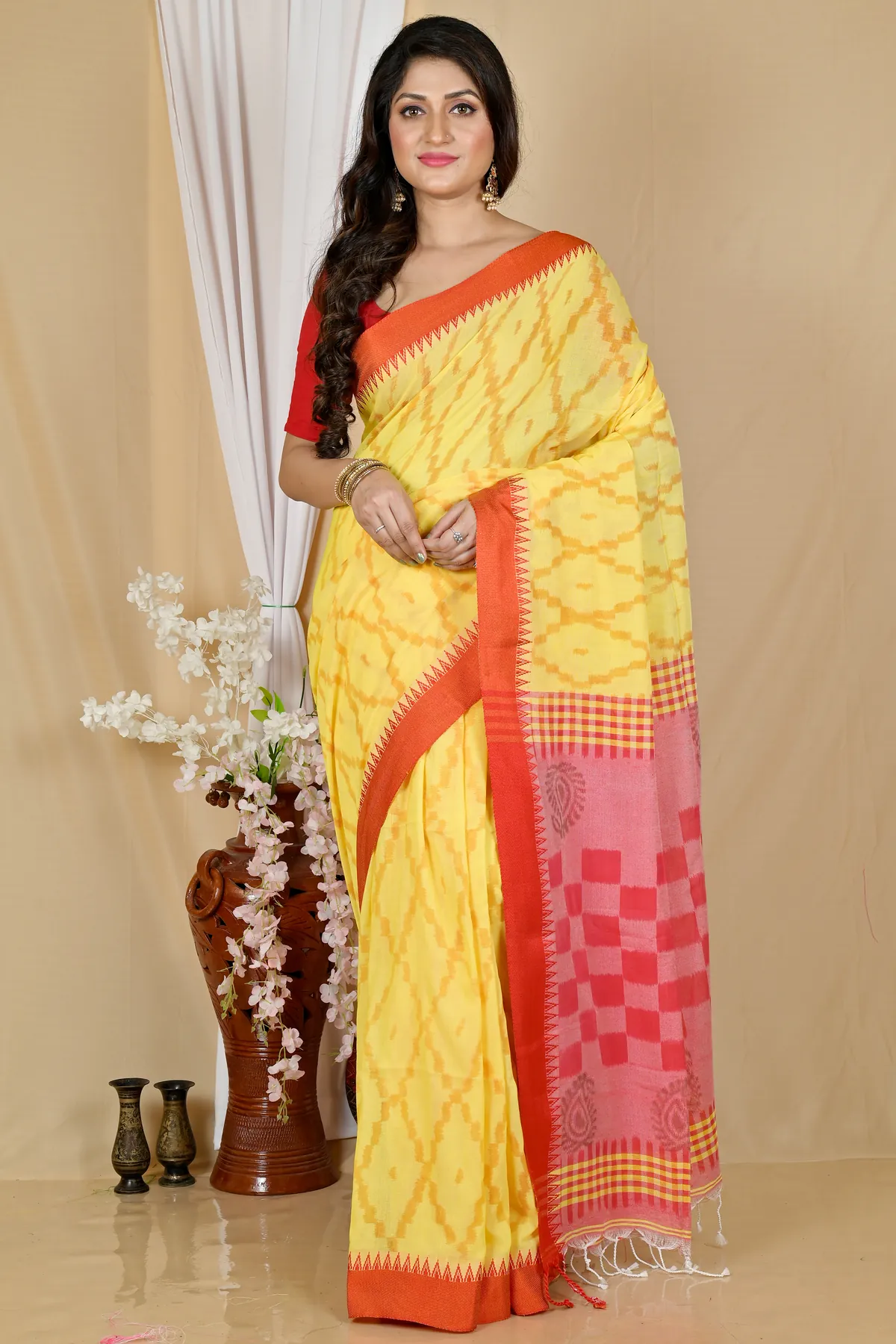 DipDiya Pure Cotton Yellow Red Seuma Timeless Bengal Handloom Sarees