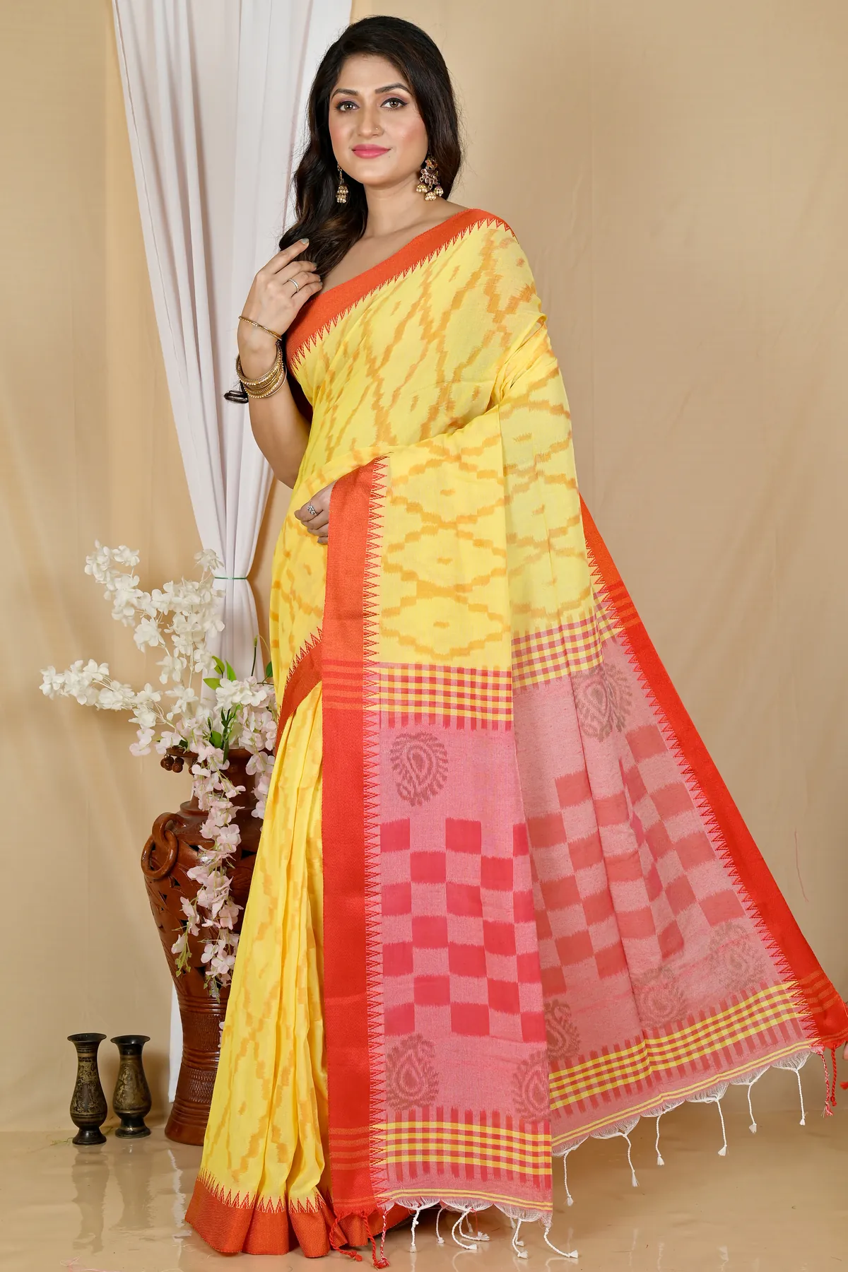 DipDiya Pure Cotton Yellow Red Seuma Timeless Bengal Handloom Sarees