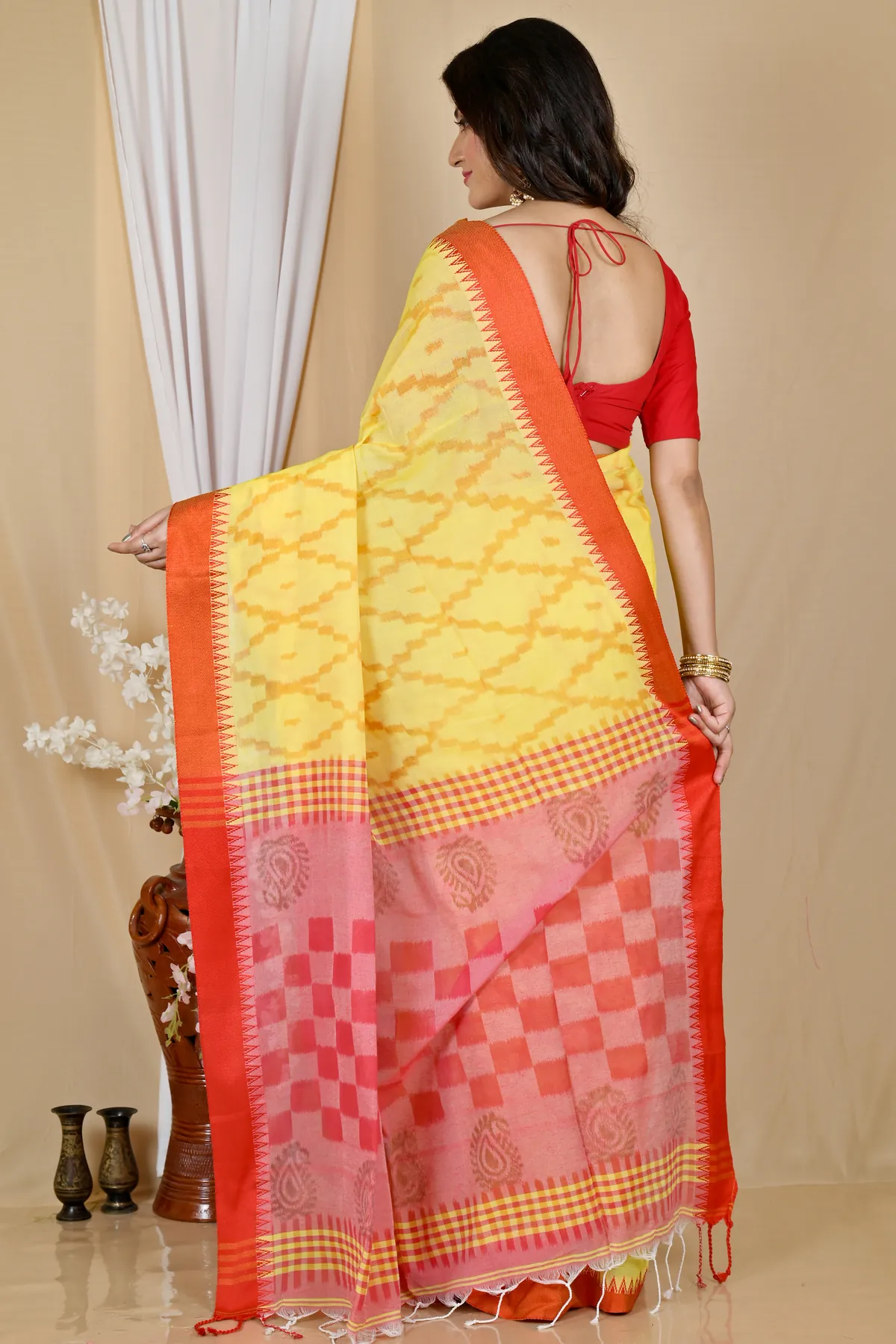 DipDiya Pure Cotton Yellow Red Seuma Timeless Bengal Handloom Sarees